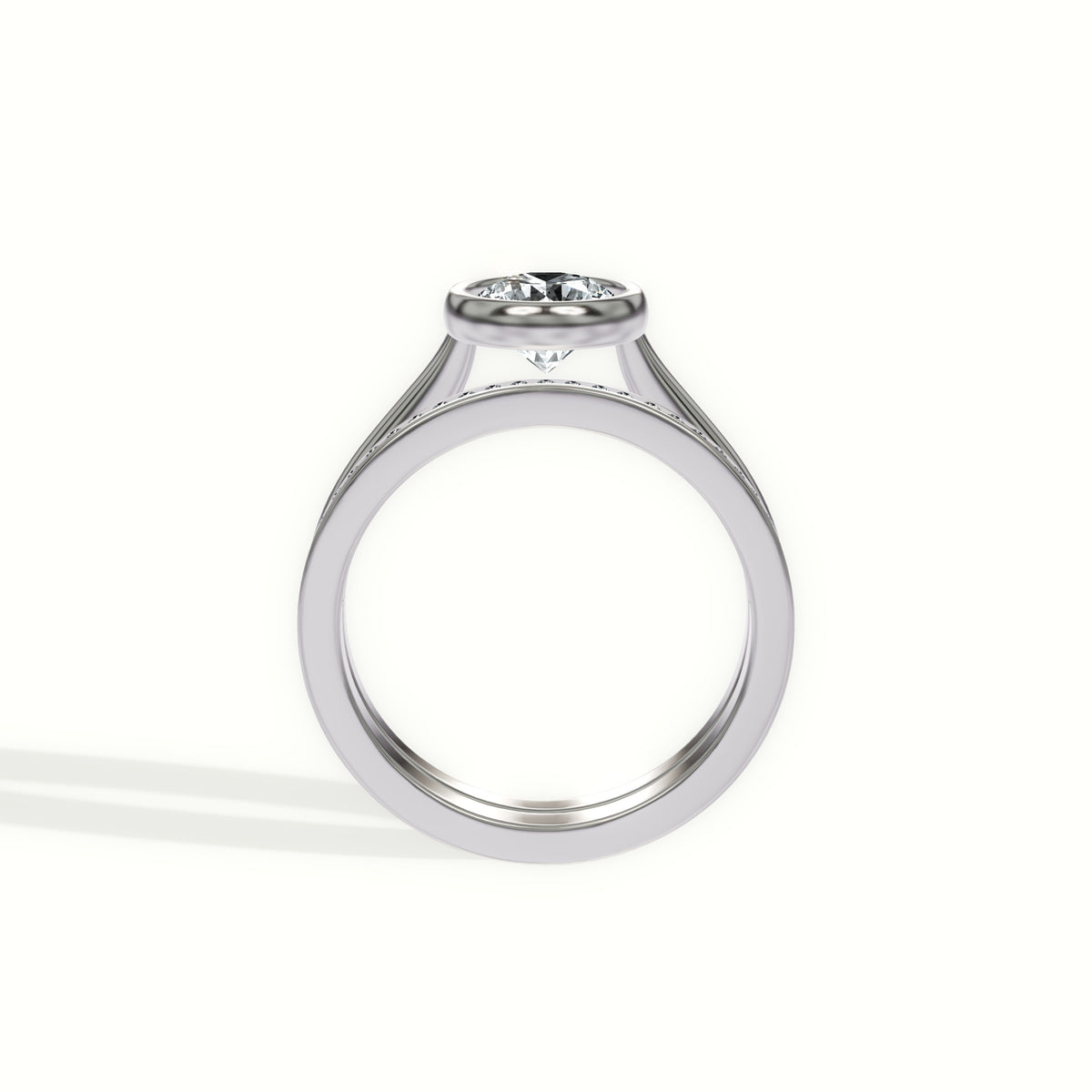 Classic Bezel Set Cathedral Solitaire Engagement Ring with Matching Channel Diamond Wedding Band - Bridal Set