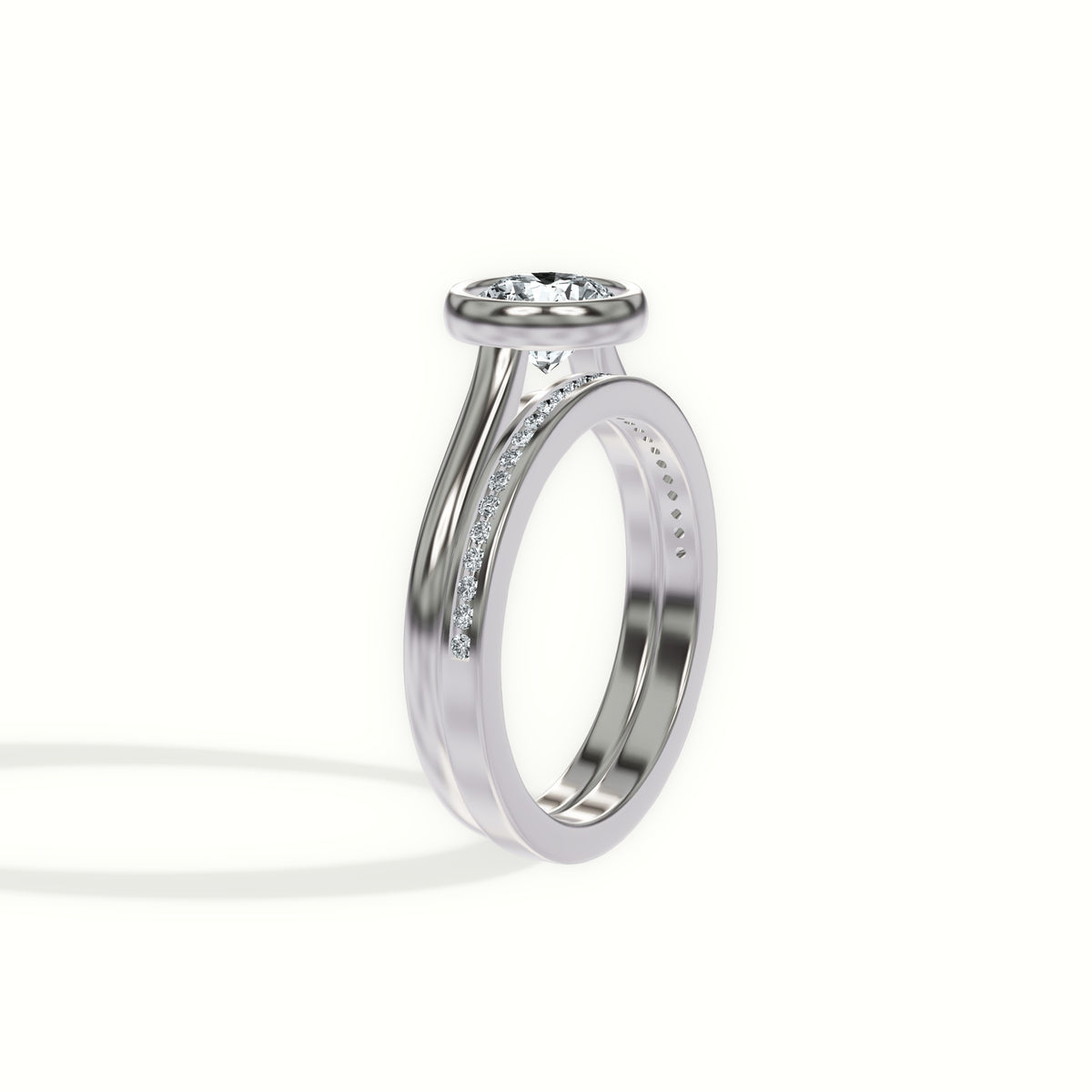 Classic Bezel Set Cathedral Solitaire Engagement Ring with Matching Channel Diamond Wedding Band - Bridal Set