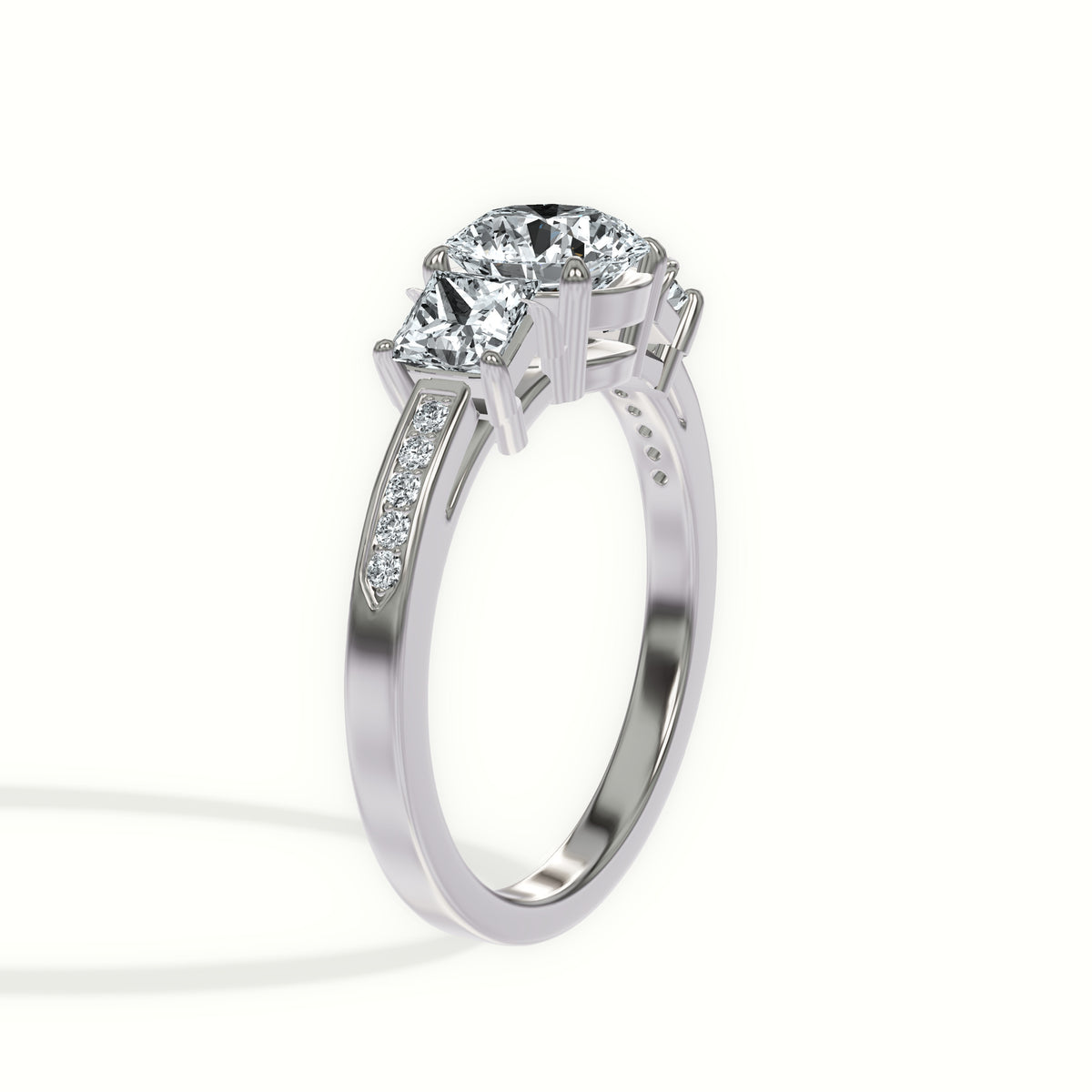 Princess Accent Three Stone Engagement Ring with Pavé Channel Shoulders