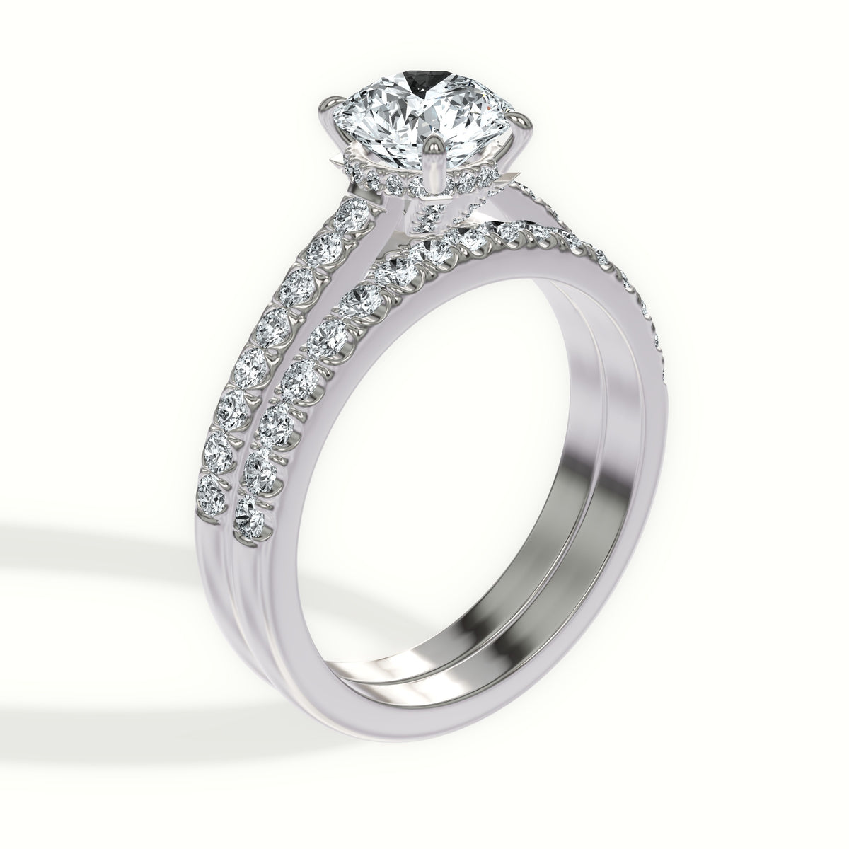 Straight Band Pavé Diamond Bridal Set with Hidden Halo