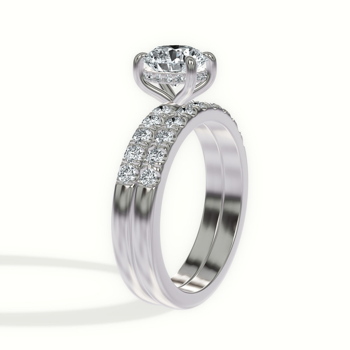 French Pavé Diamond Bridal Set with Hidden Halo