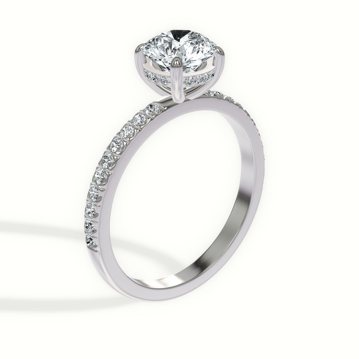 Classic Solitaire Pavé Diamonds Engagement Ring with Hidden Halo