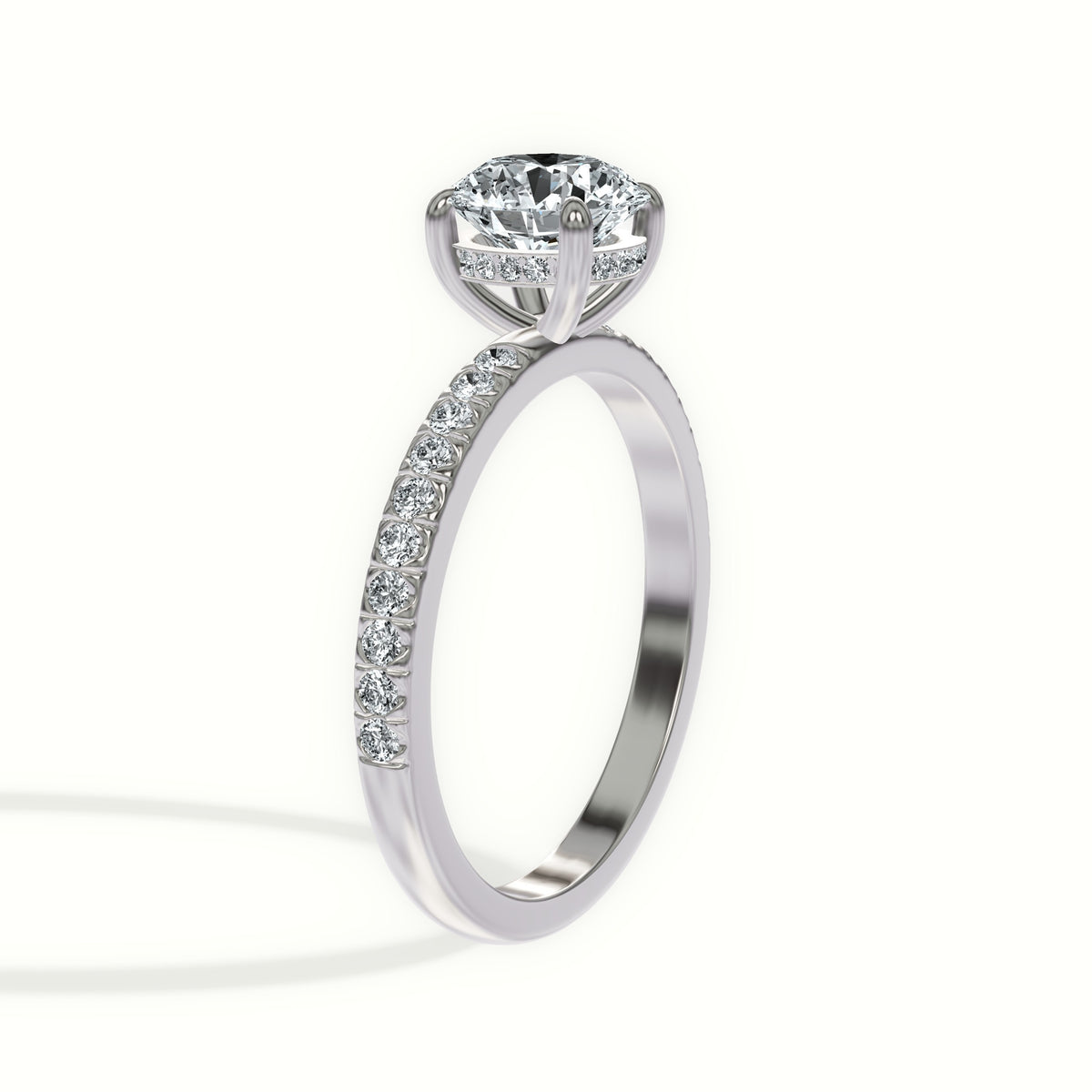 Classic Solitaire Pavé Diamonds Engagement Ring with Hidden Halo