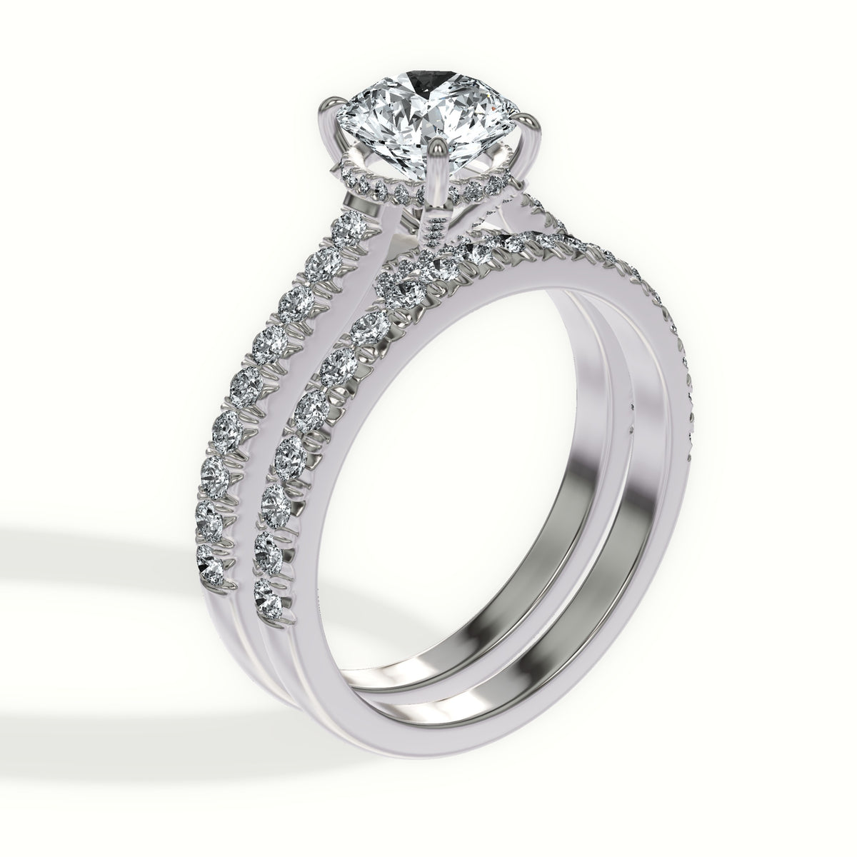 Cathedral Pavé Diamond Bridal Set with Hidden Halo