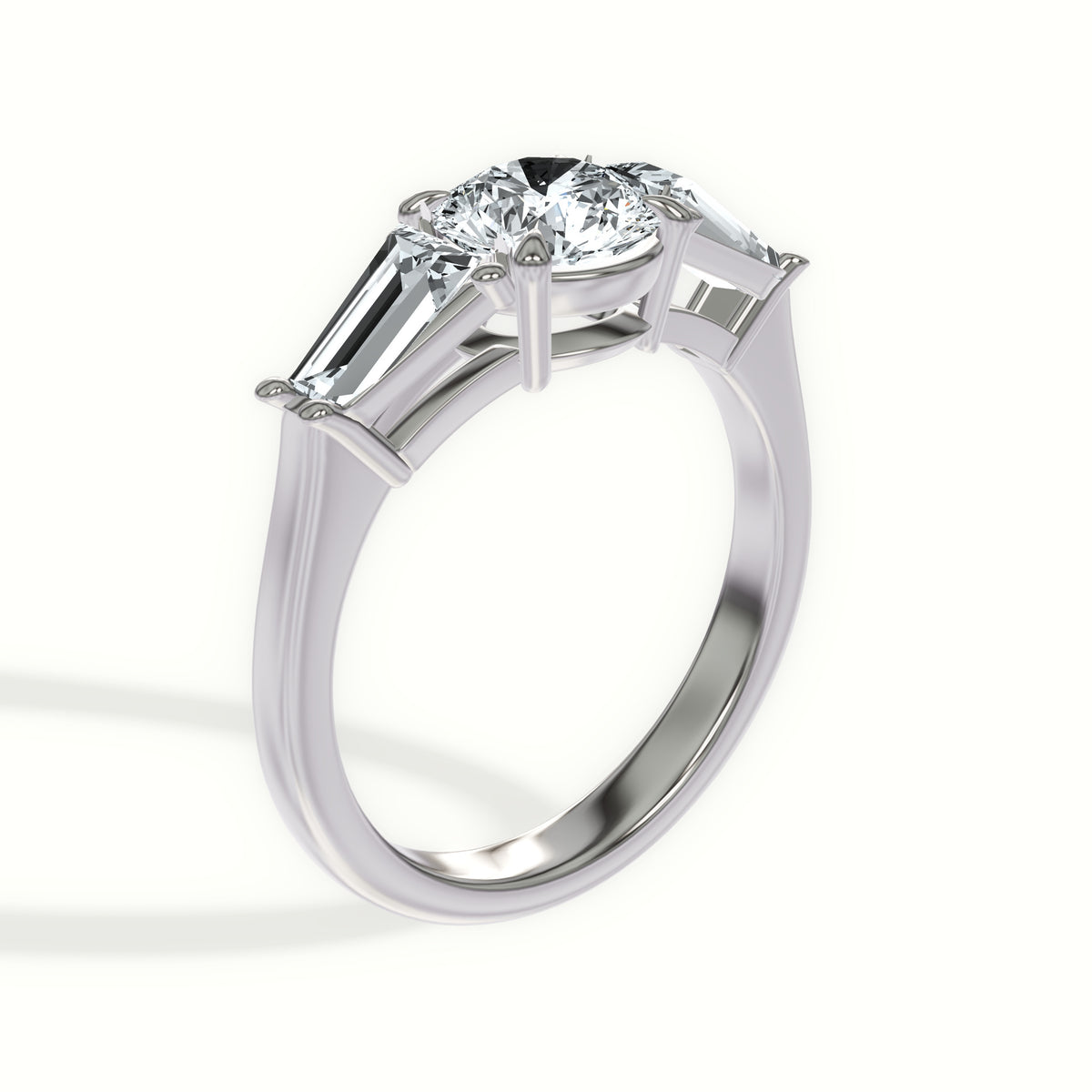 Tapered Baguette Accent Three Stone Engagement Ring