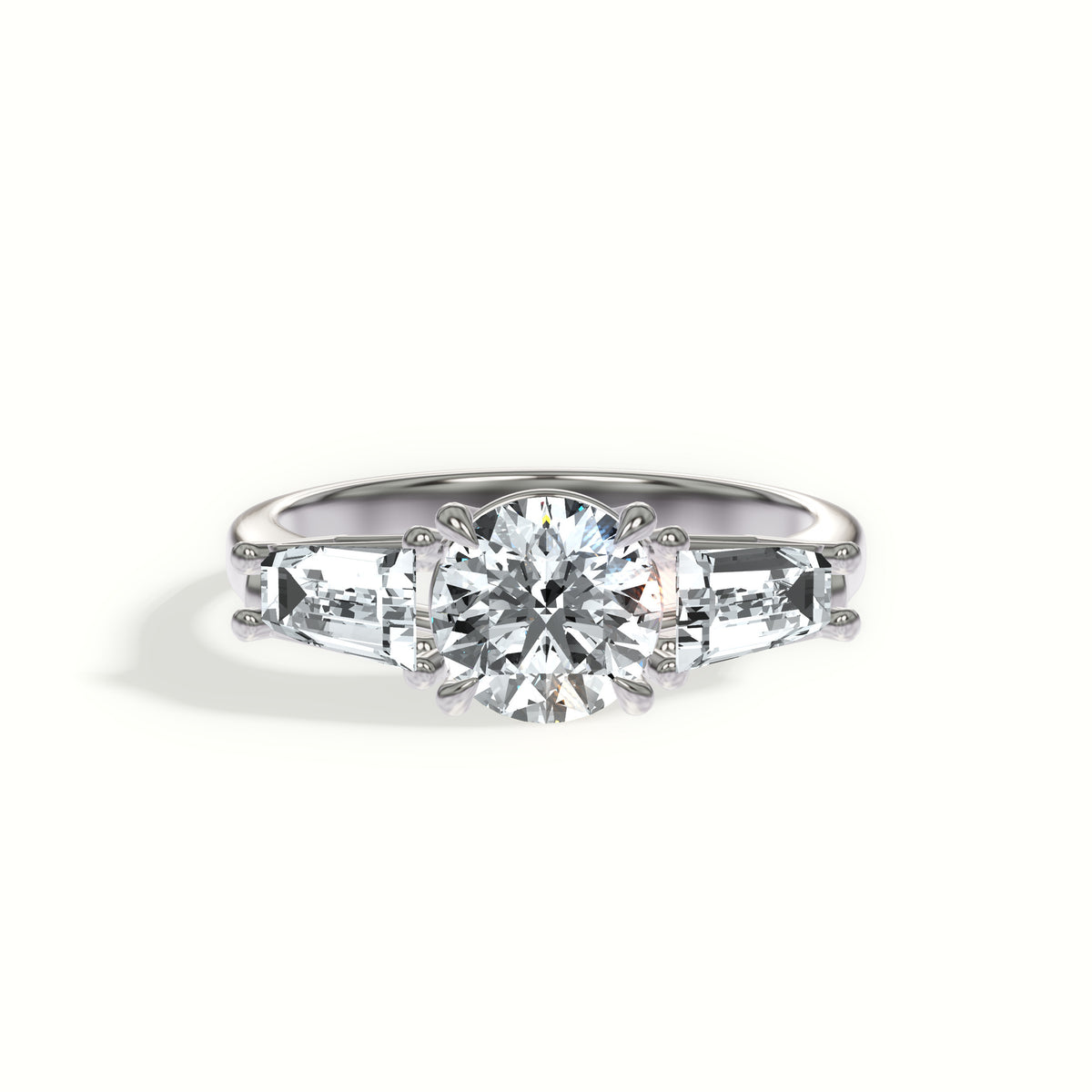 Tapered Baguette Accent Three Stone Engagement Ring