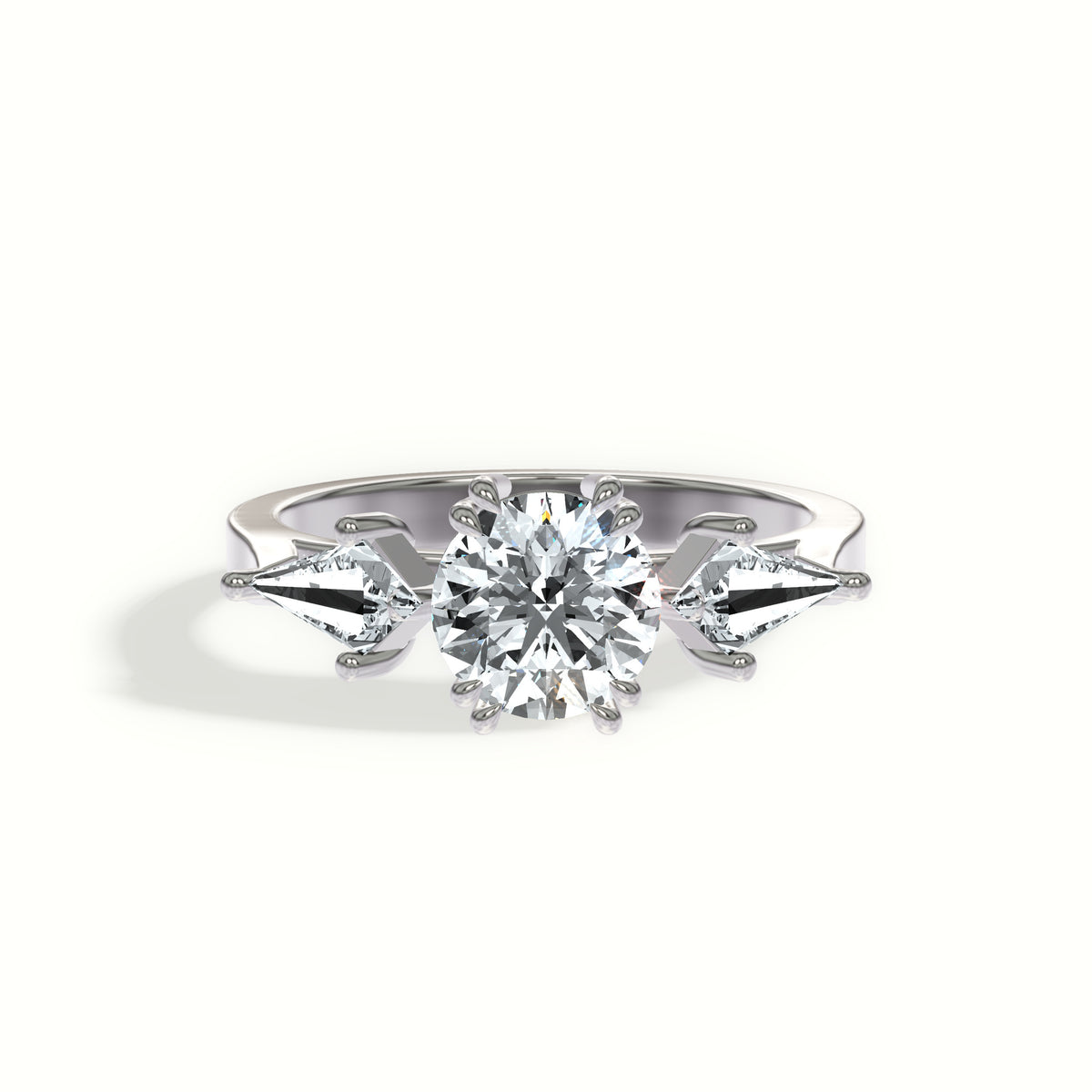Modern Kite Accent Three Stone Engagement Ring