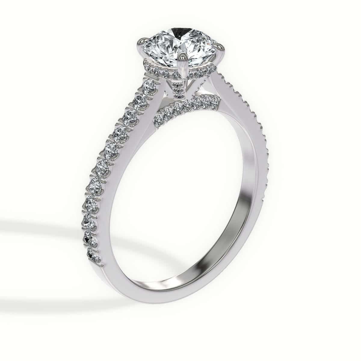 Cathedral Pavé Bridge Engagement Ring with Hidden Halo