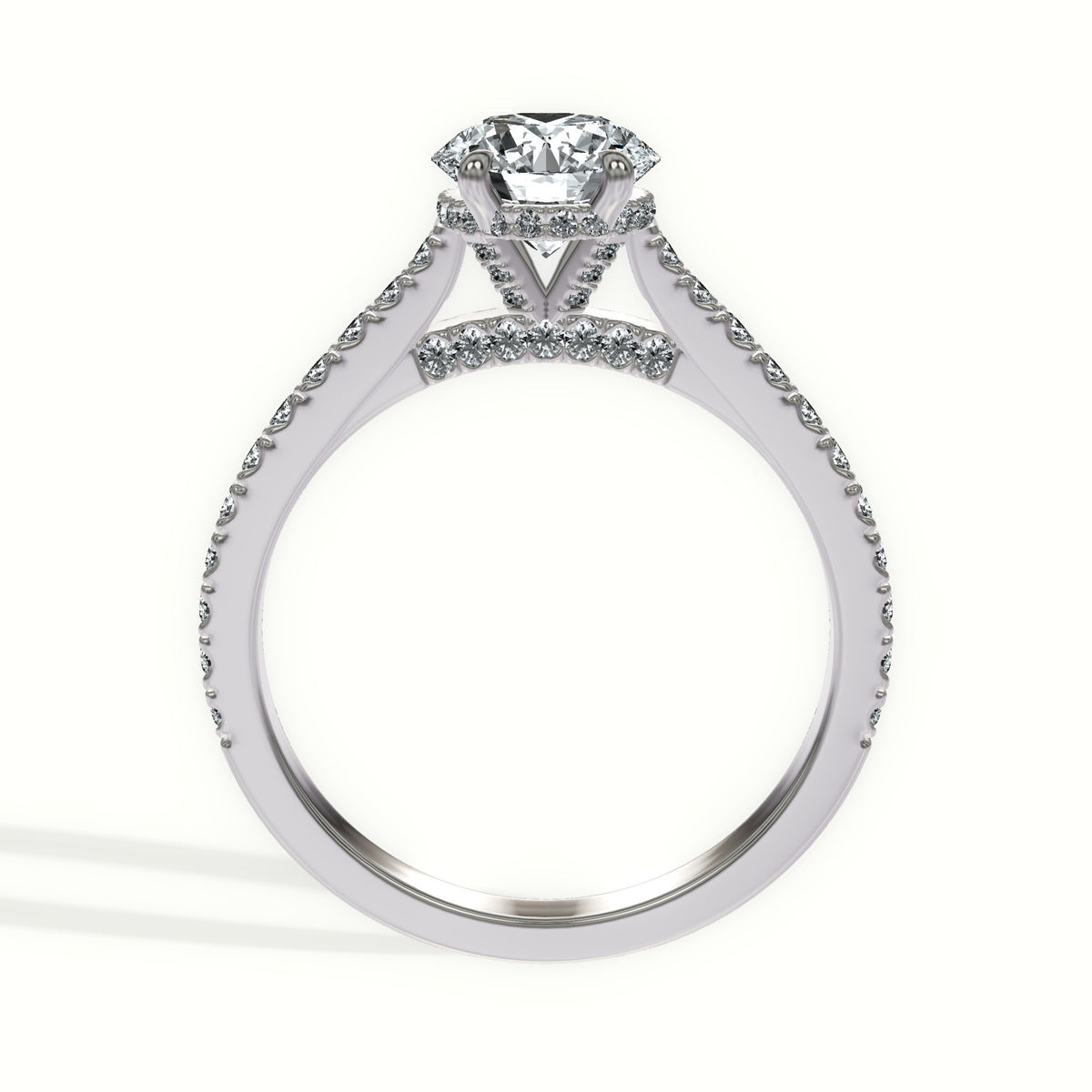 Cathedral Pavé Bridge Engagement Ring with Hidden Halo
