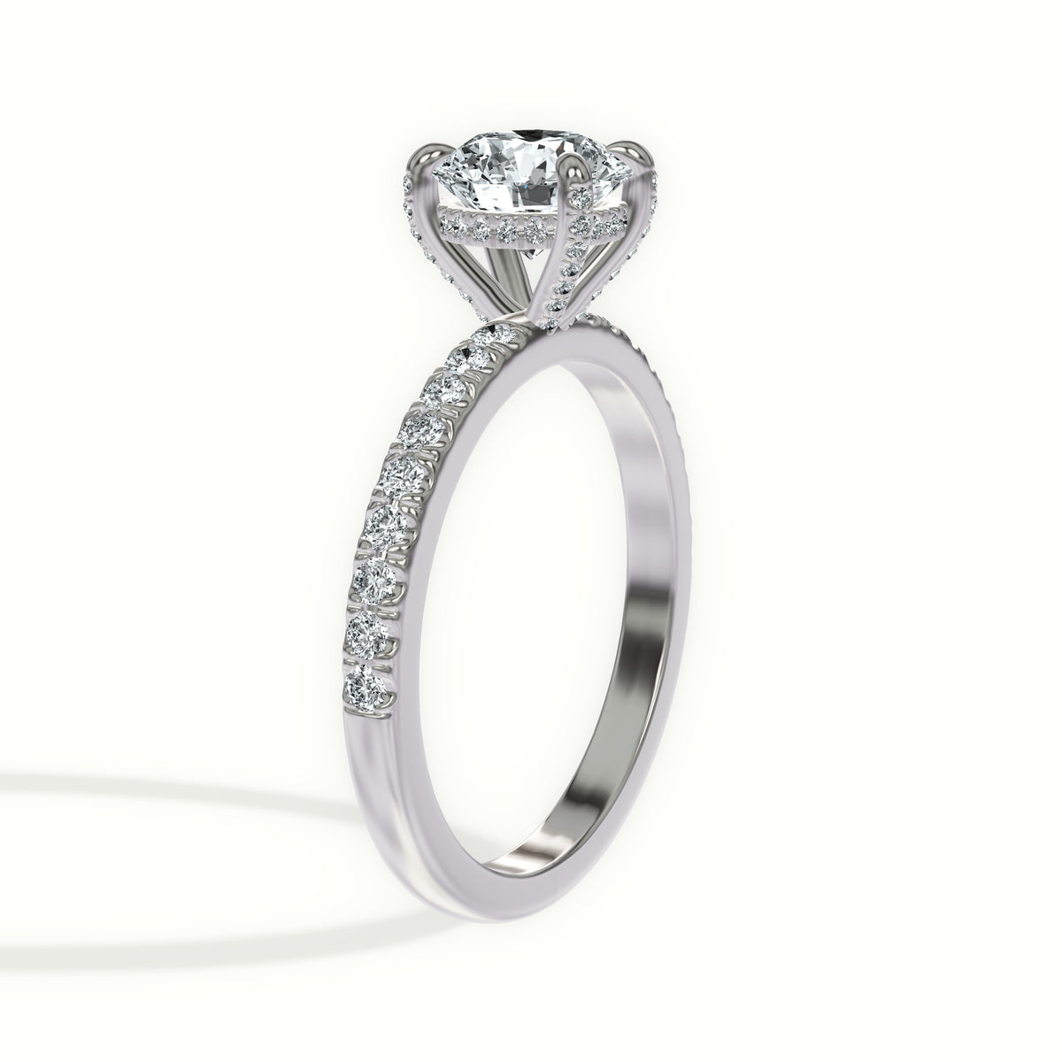 Solitaire Hidden Halo Engagement Ring with Diamond Encrusted Claw Prongs