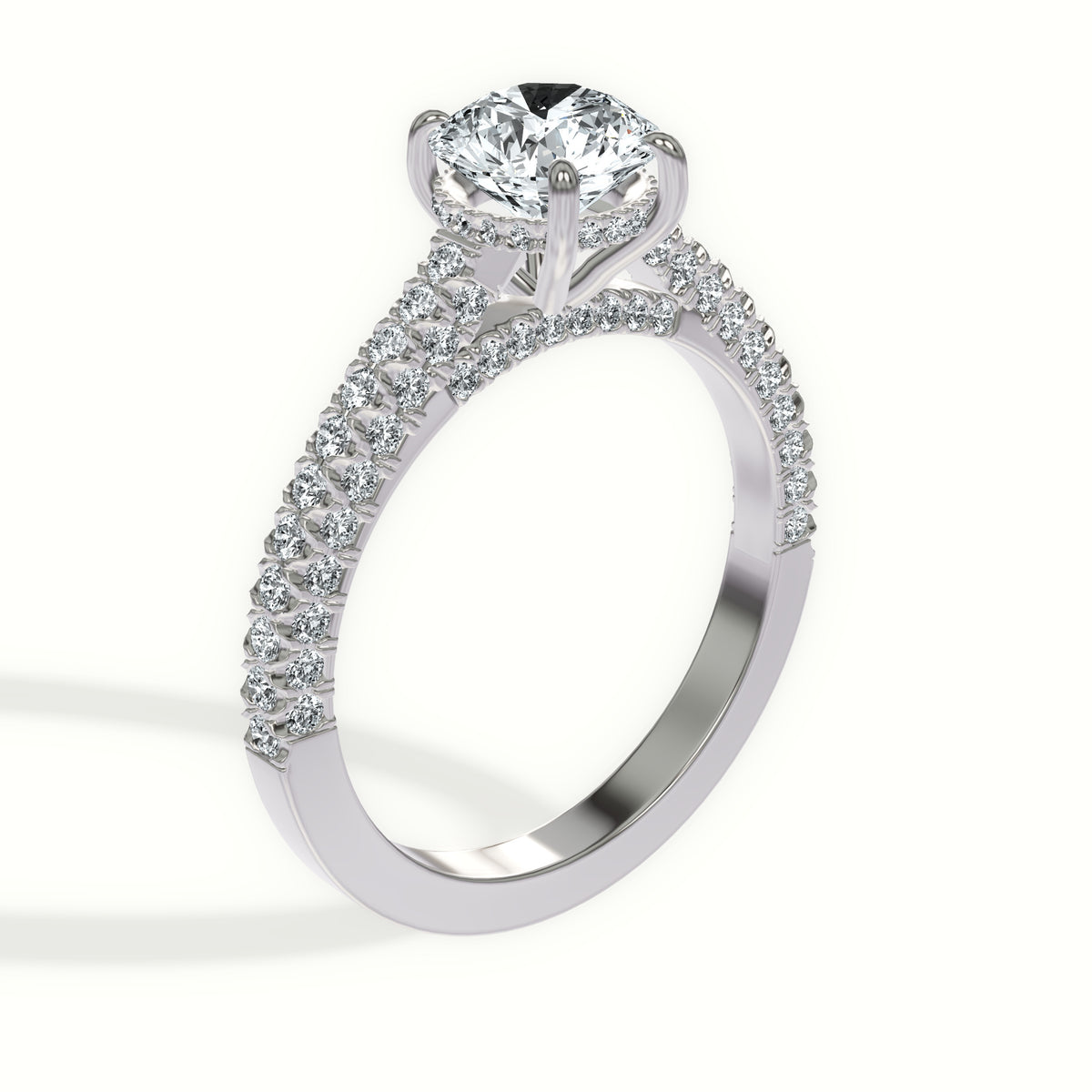 Cathedral Three-Row Pavé Engagement Ring with Hidden Halo and Pavé Bridge