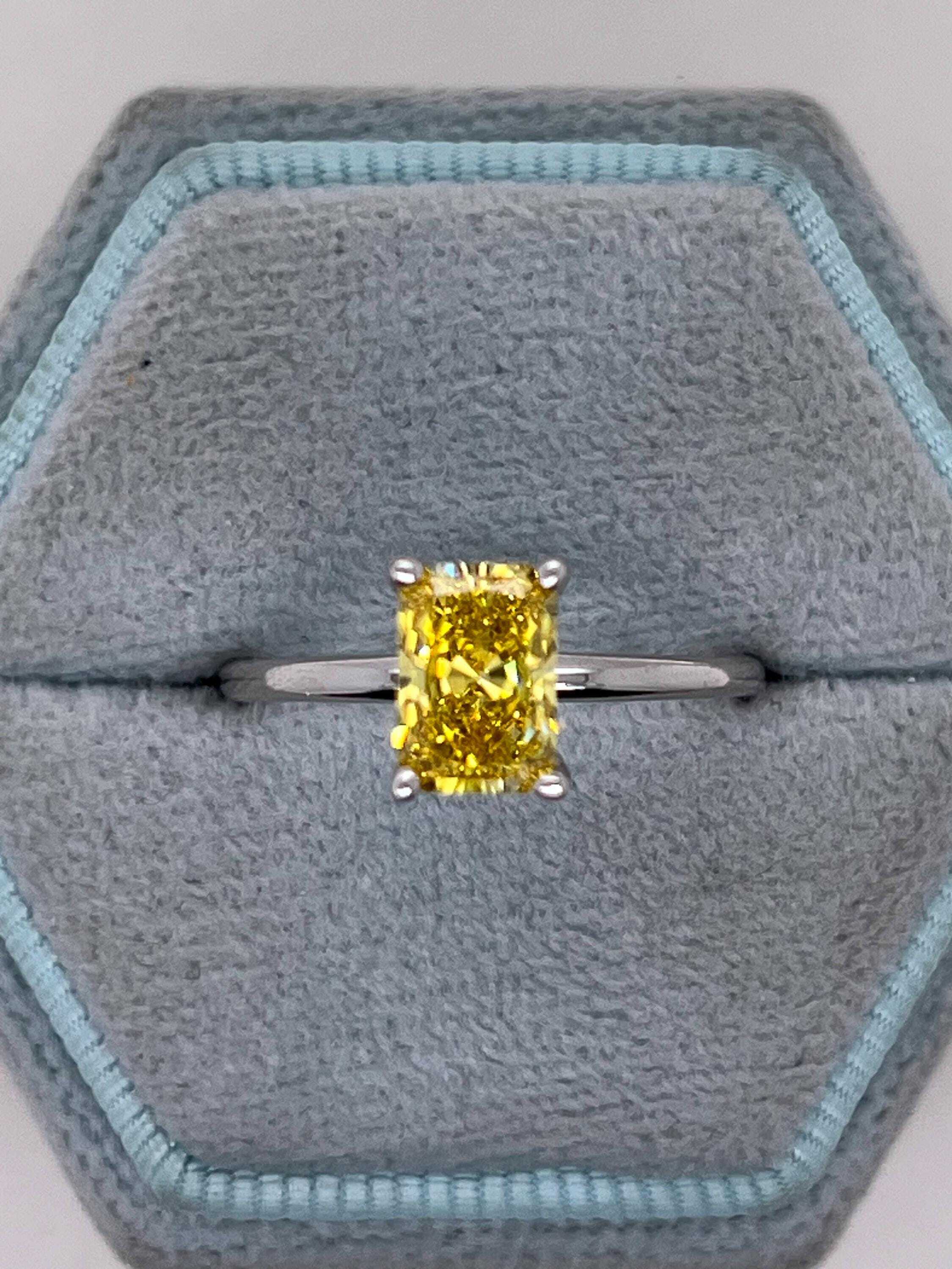 1 Carat Fancy Vivid Yellow VVS1 Clarity Elongated Radiant Cut Diamond Solitaire Engagement Ring