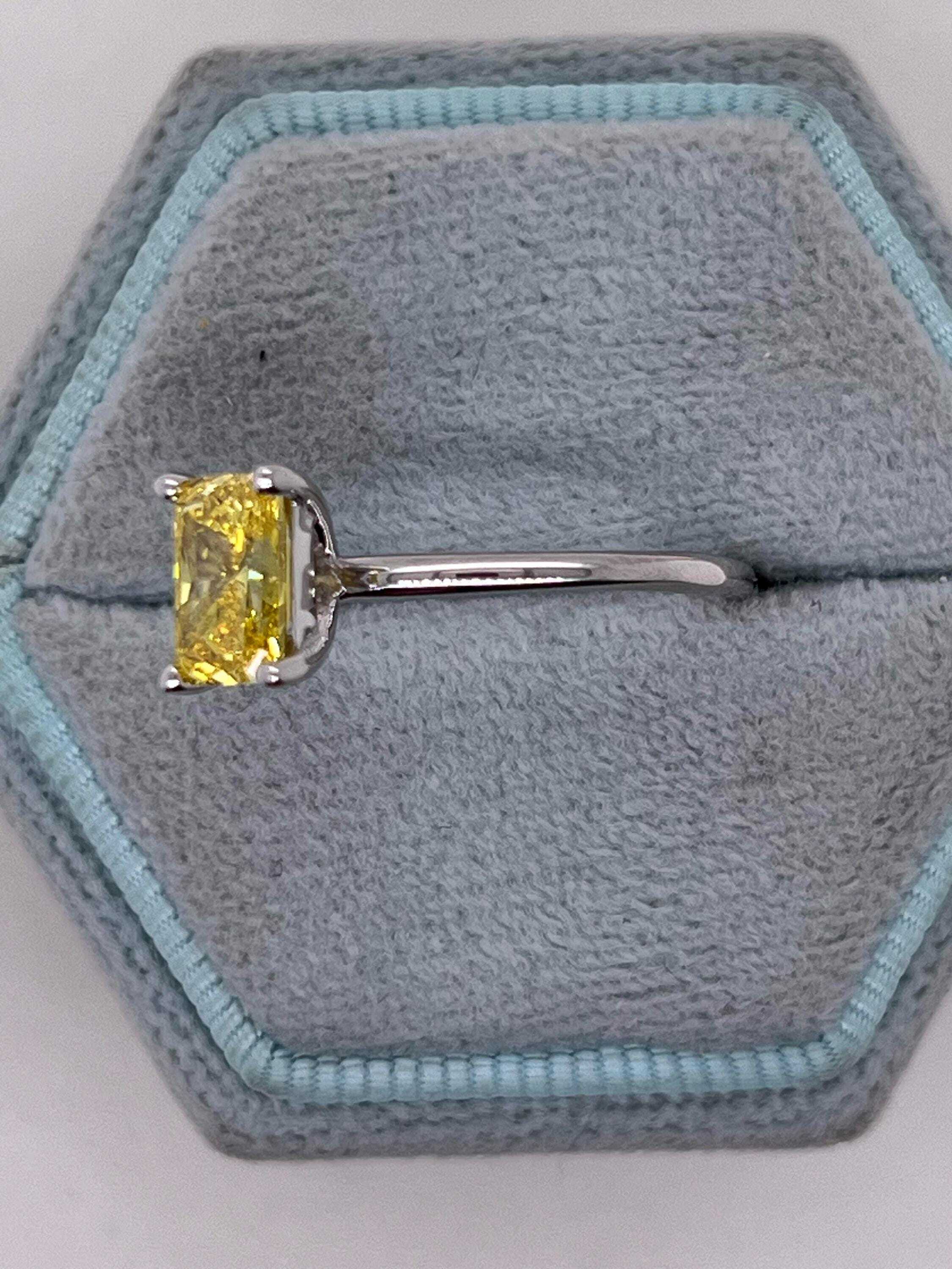 1 Carat Fancy Vivid Yellow VVS1 Clarity Elongated Radiant Cut Diamond Solitaire Engagement Ring