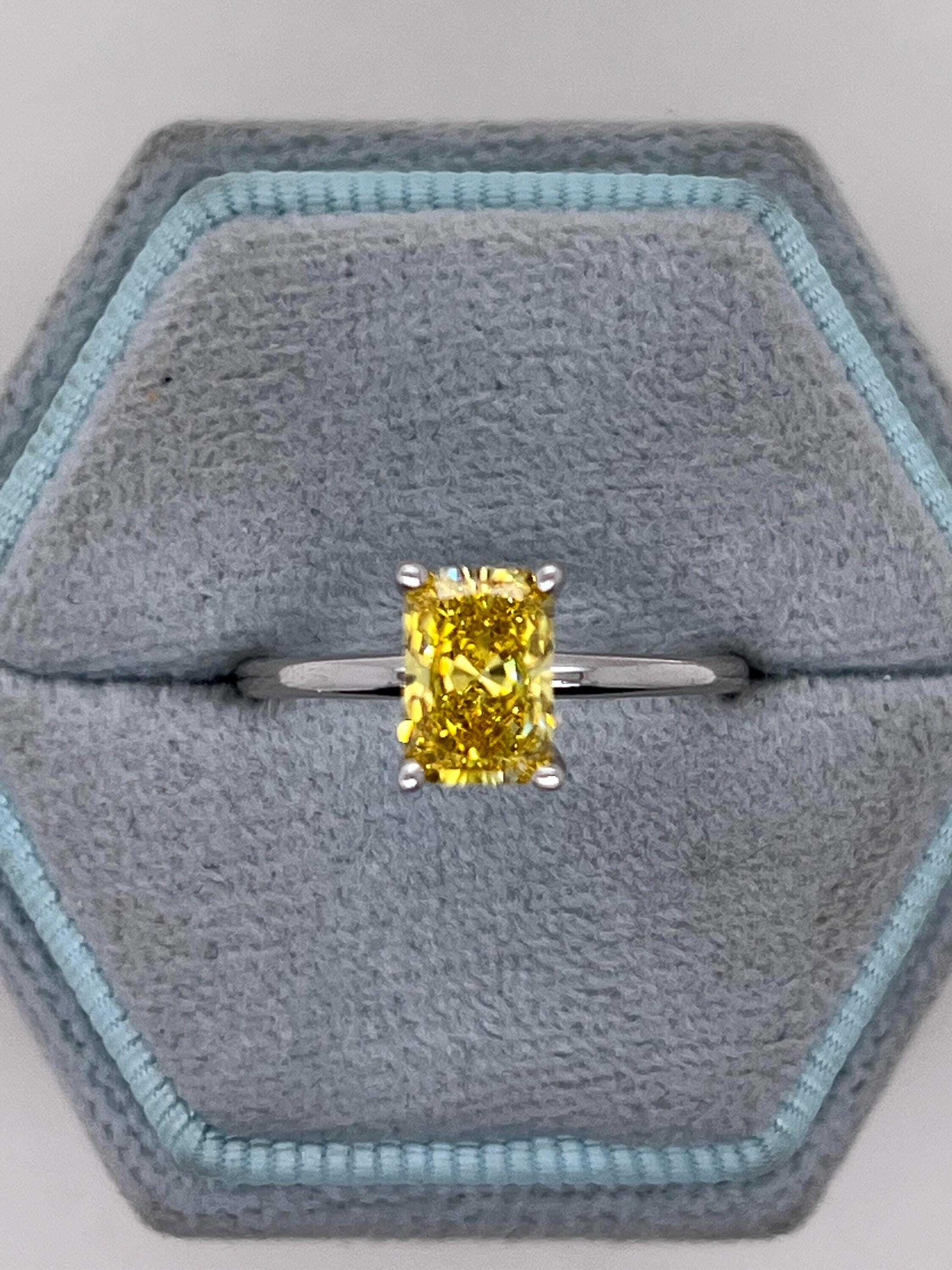 1 Carat Fancy Vivid Yellow VVS1 Clarity Elongated Radiant Cut Diamond Solitaire Engagement Ring