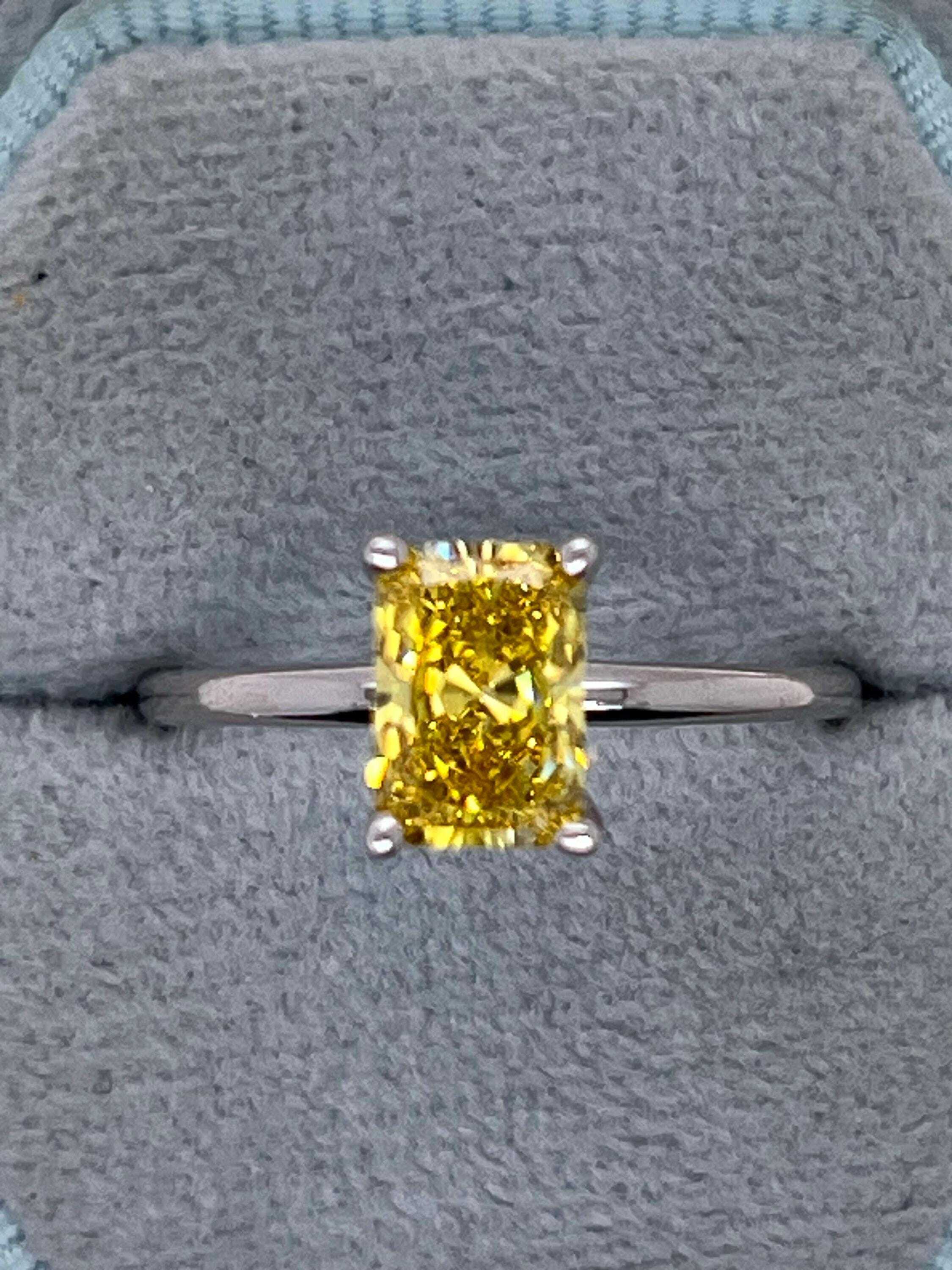 1 Carat Fancy Vivid Yellow VVS1 Clarity Elongated Radiant Cut Diamond Solitaire Engagement Ring