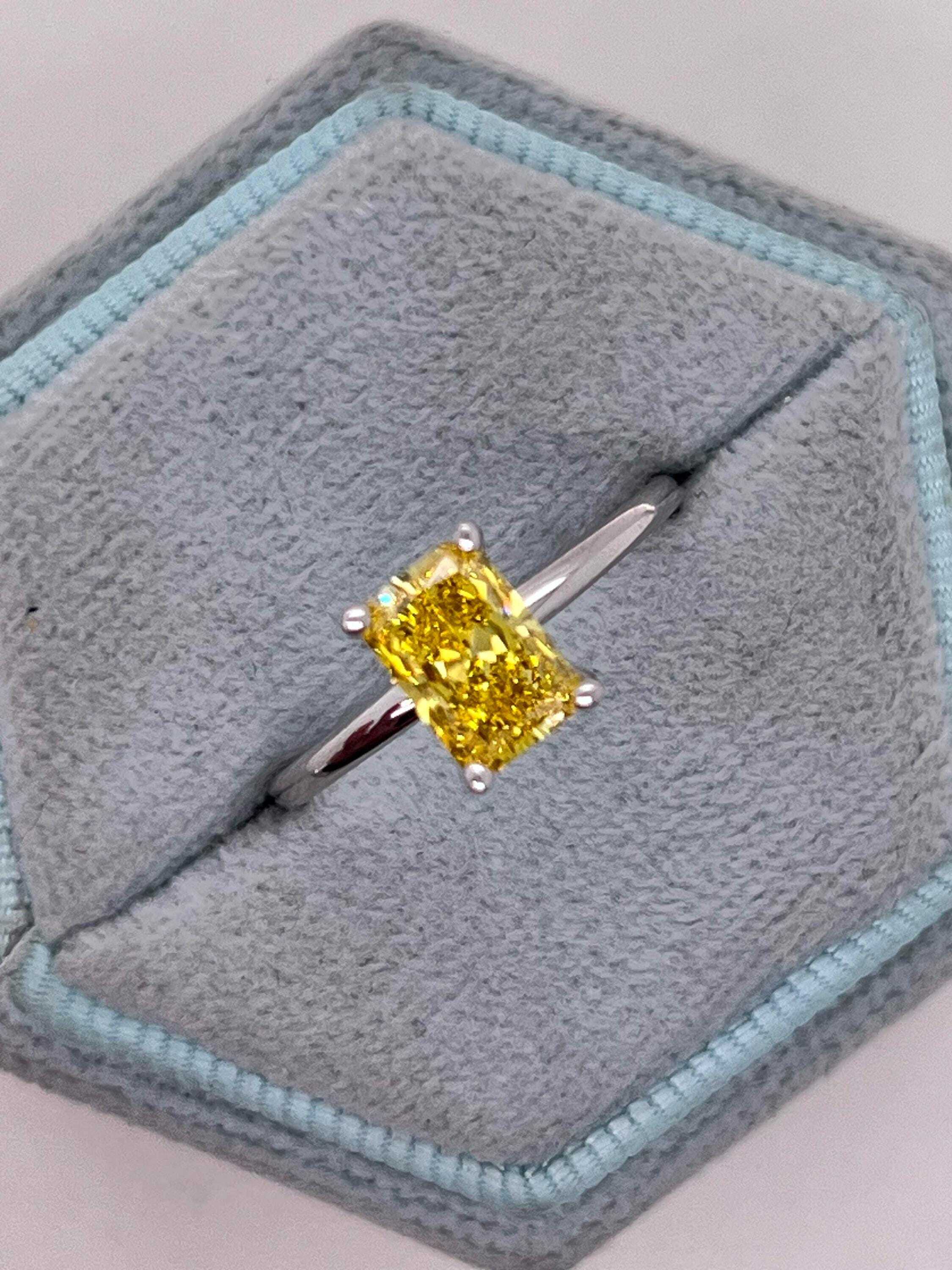 1 Carat Fancy Vivid Yellow VVS1 Clarity Elongated Radiant Cut Diamond Solitaire Engagement Ring