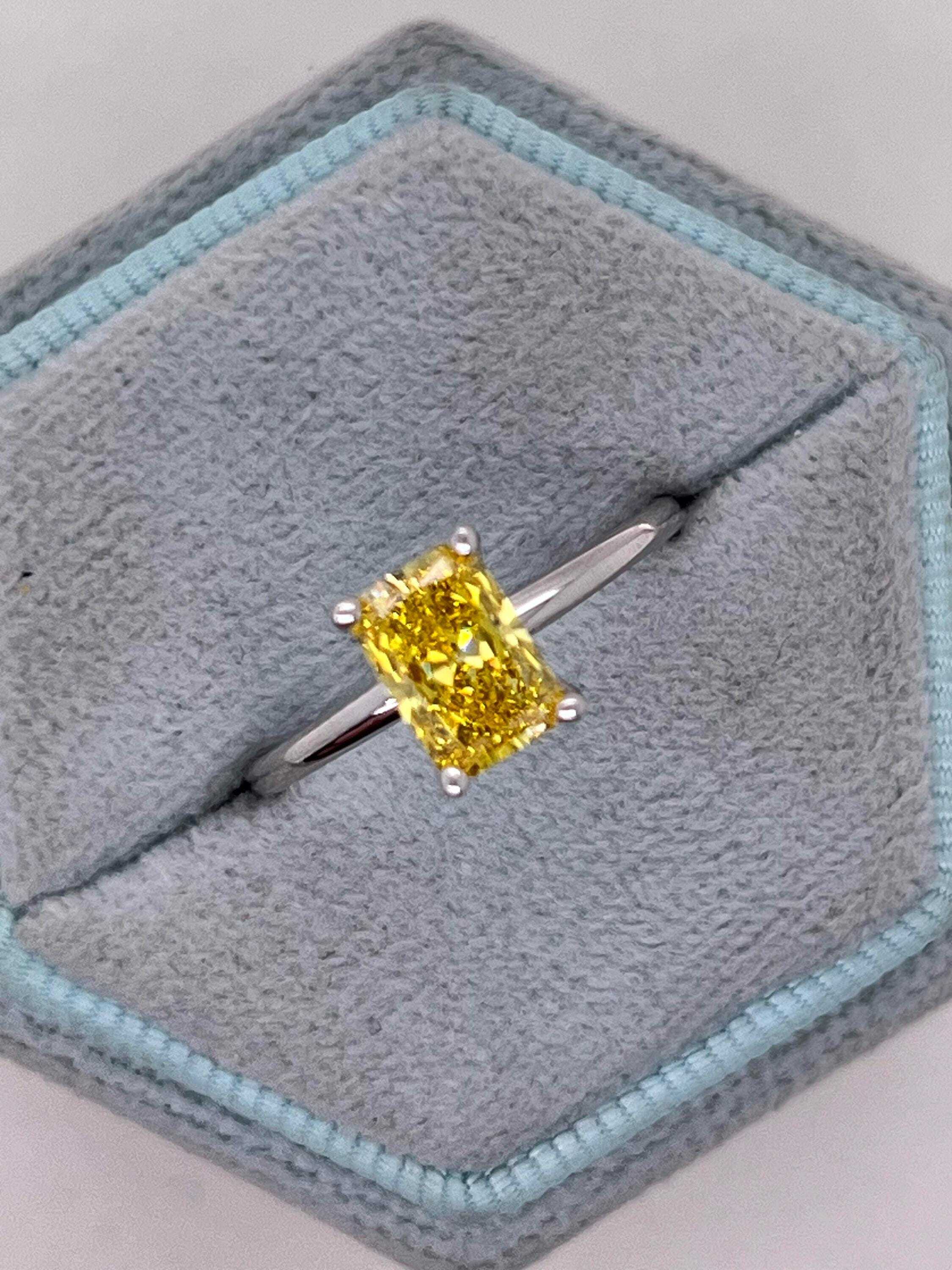 1 Carat Fancy Vivid Yellow VVS1 Clarity Elongated Radiant Cut Diamond Solitaire Engagement Ring