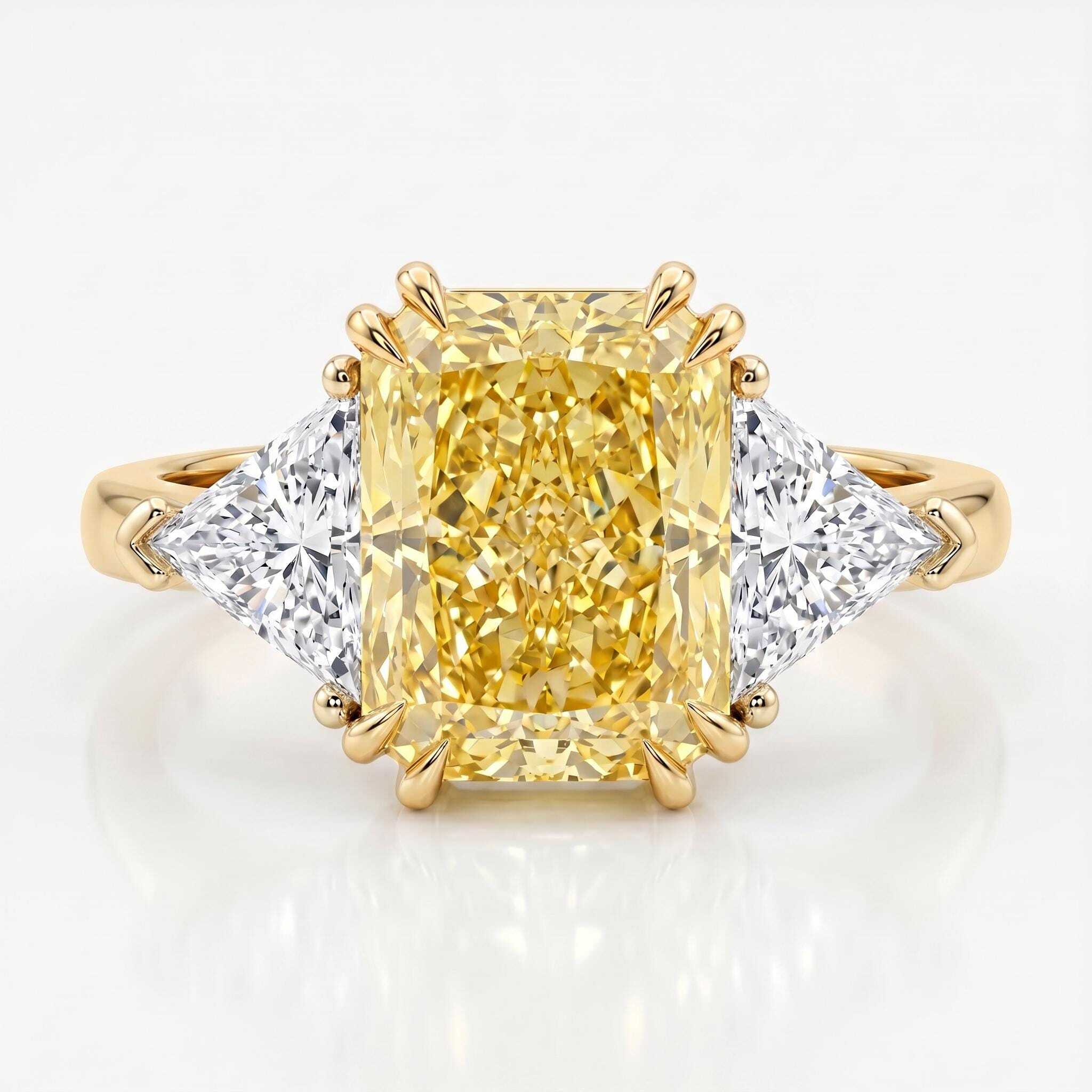 Fancy Vivid Yellow VVS1 Clarity 9.25 Carat Total Radiant Cut Diamond Three Stone Side Trillions, Two Tone Engagement Ring