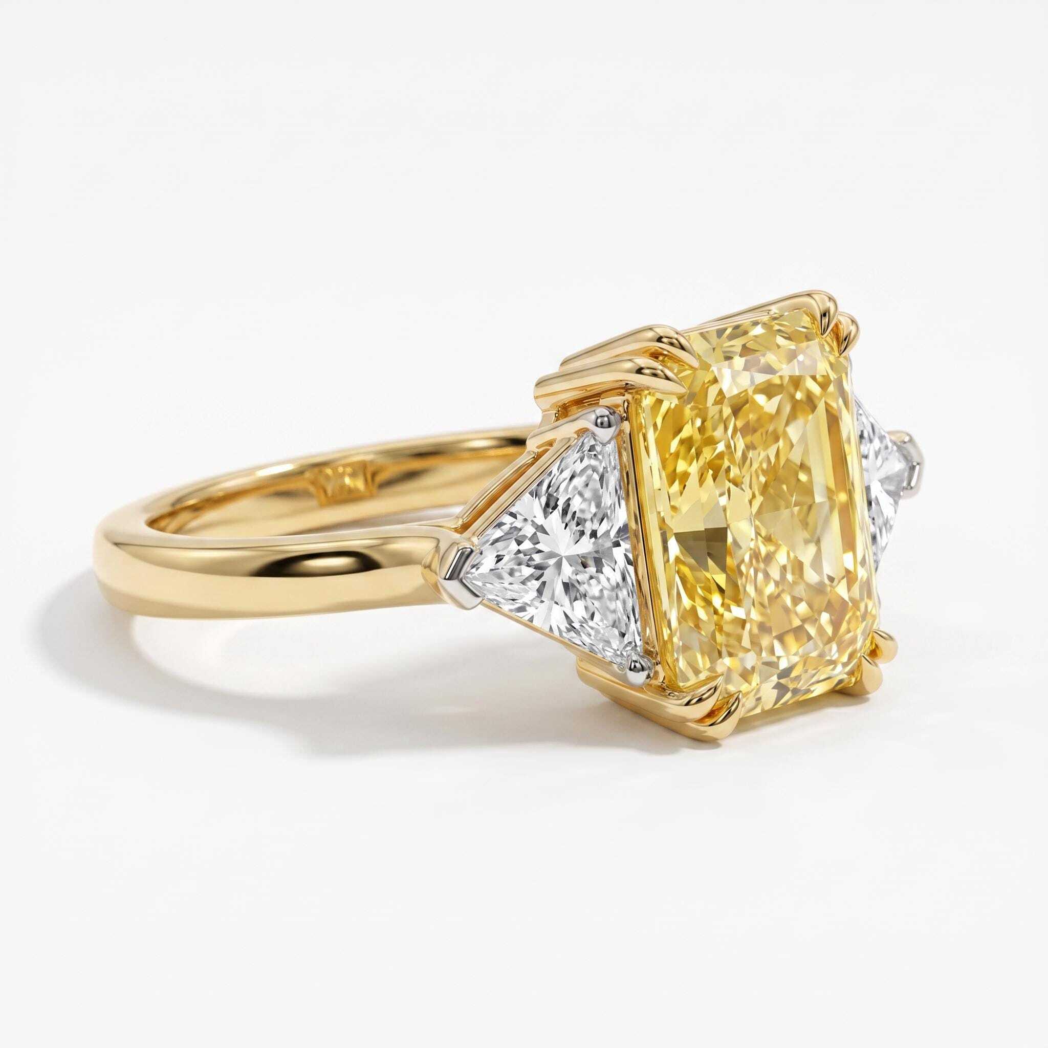 Fancy Vivid Yellow VVS1 Clarity 9.25 Carat Total Radiant Cut Diamond Three Stone Side Trillions, Two Tone Engagement Ring