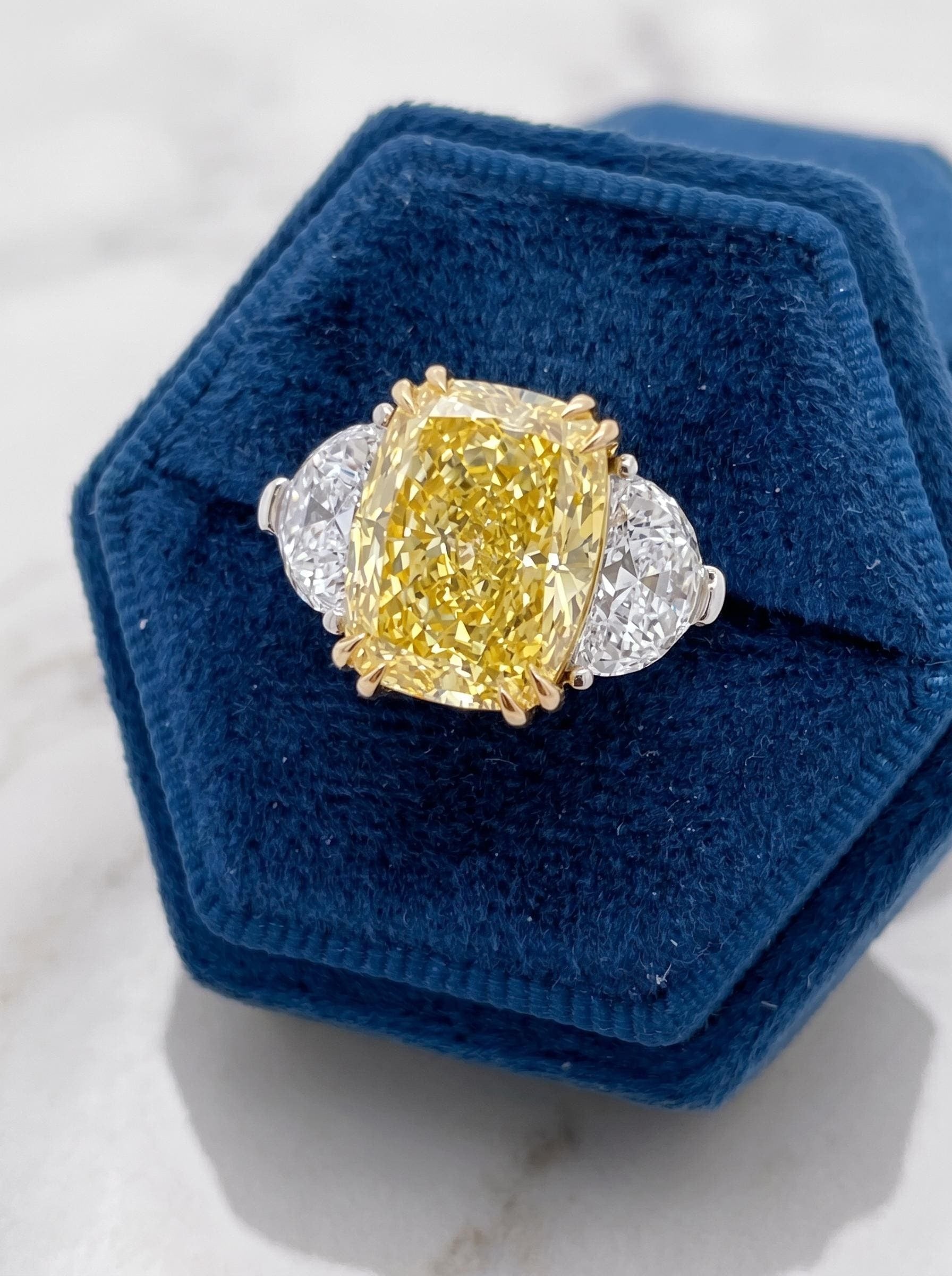 9.5 Carat Total Fancy Vivid Yellow VVS2 Cushion Cut Diamond Three Stone Half Moon Two Tone Engagement Ring