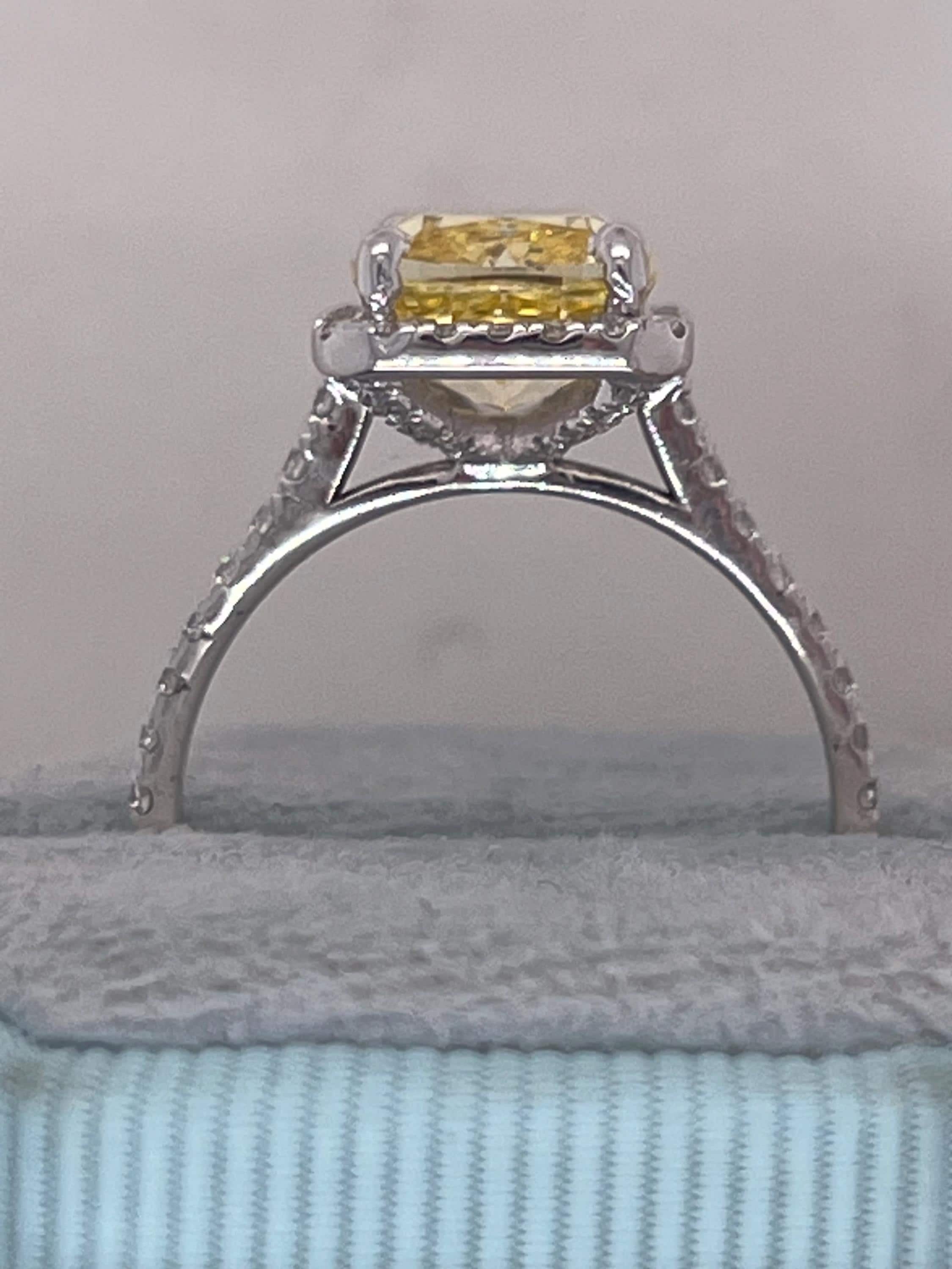 3.5 Carat Fancy Vivid Yellow VVS2 Clarity Square Cushion Cut Diamond Halo Engagement Ring
