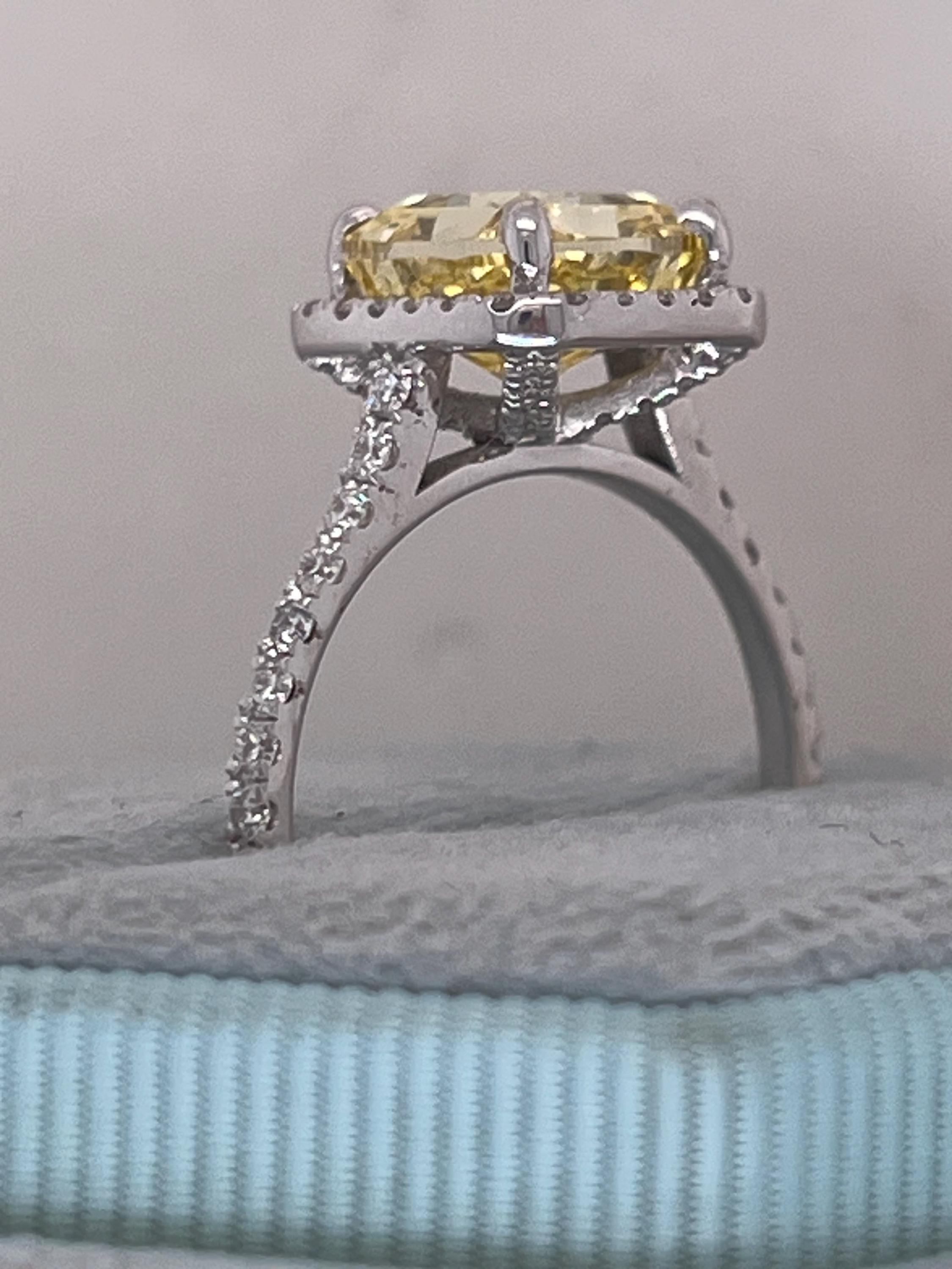 3.5 Carat Fancy Vivid Yellow VVS2 Clarity Square Cushion Cut Diamond Halo Engagement Ring