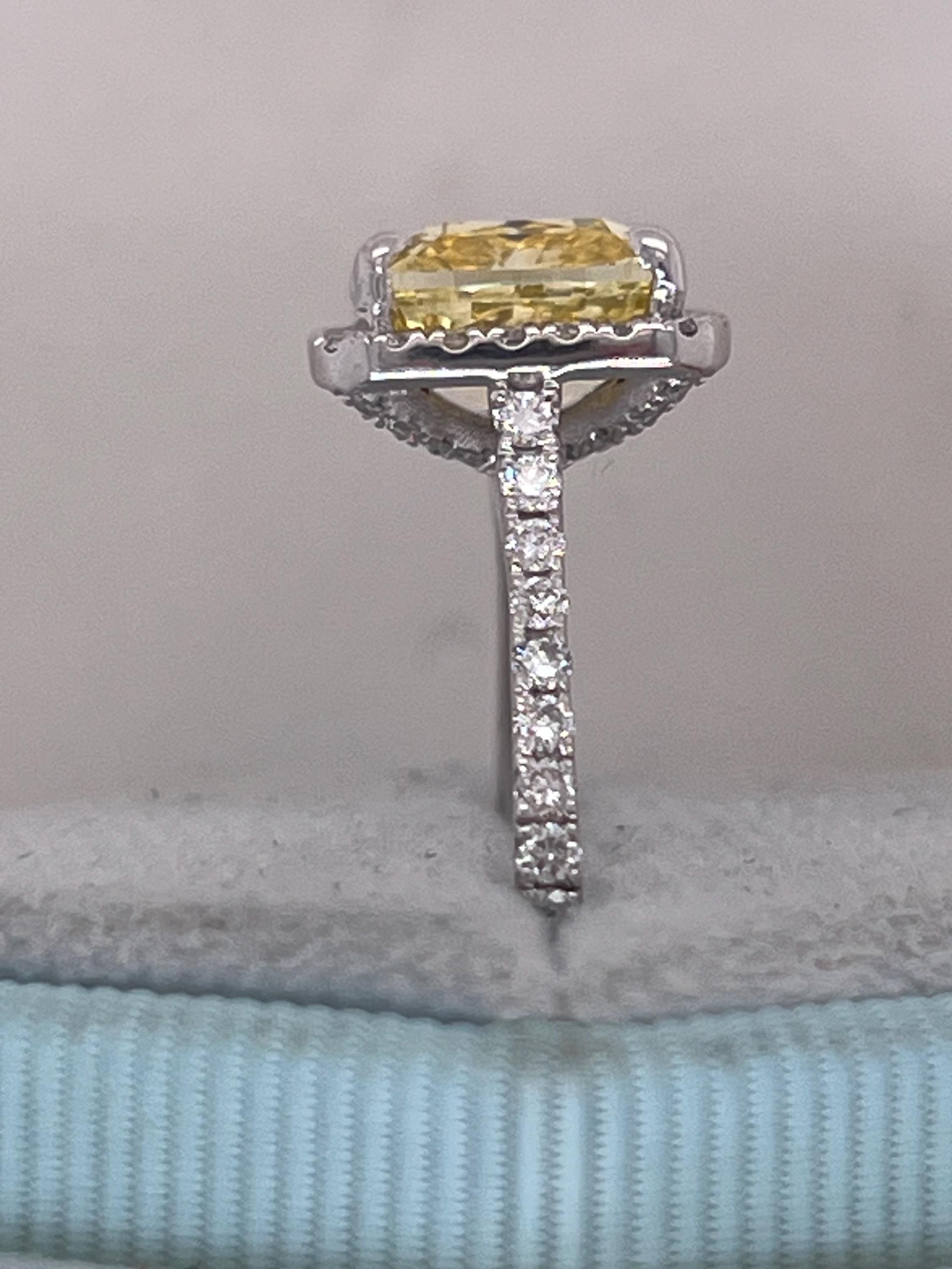 3.5 Carat Fancy Vivid Yellow VVS2 Clarity Square Cushion Cut Diamond Halo Engagement Ring
