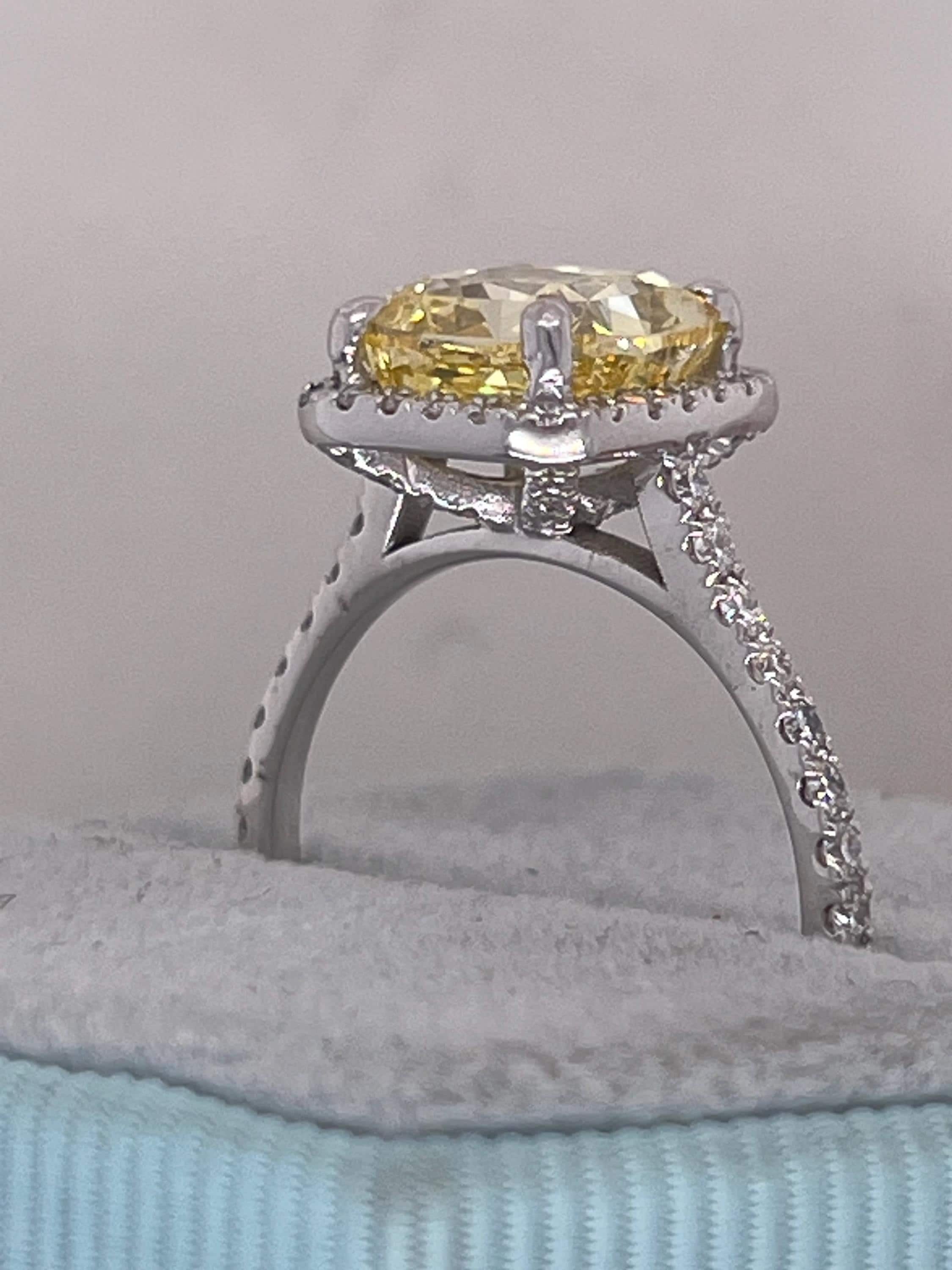 3.5 Carat Fancy Vivid Yellow VVS2 Clarity Square Cushion Cut Diamond Halo Engagement Ring