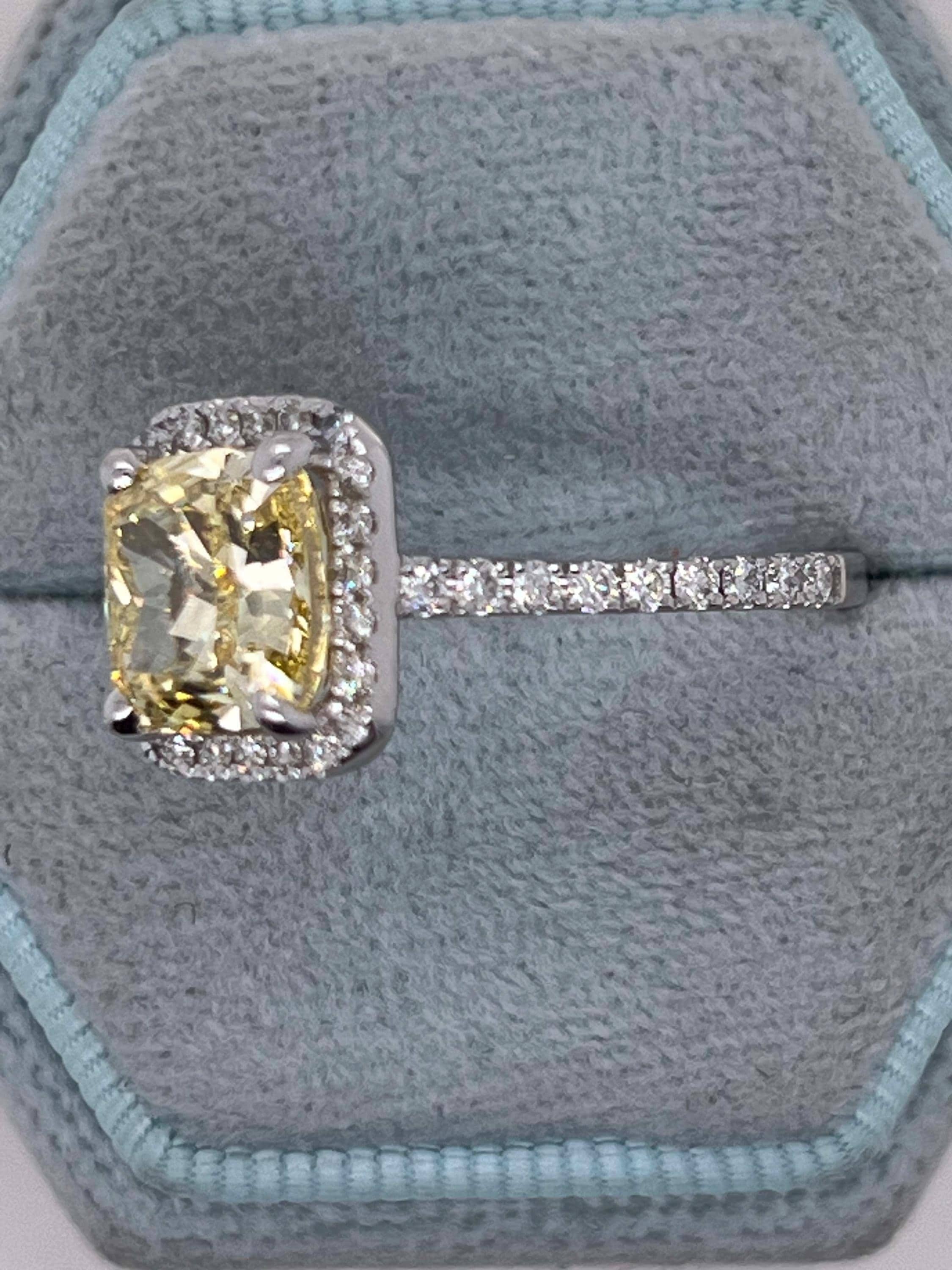 3.5 Carat Fancy Vivid Yellow VVS2 Clarity Square Cushion Cut Diamond Halo Engagement Ring