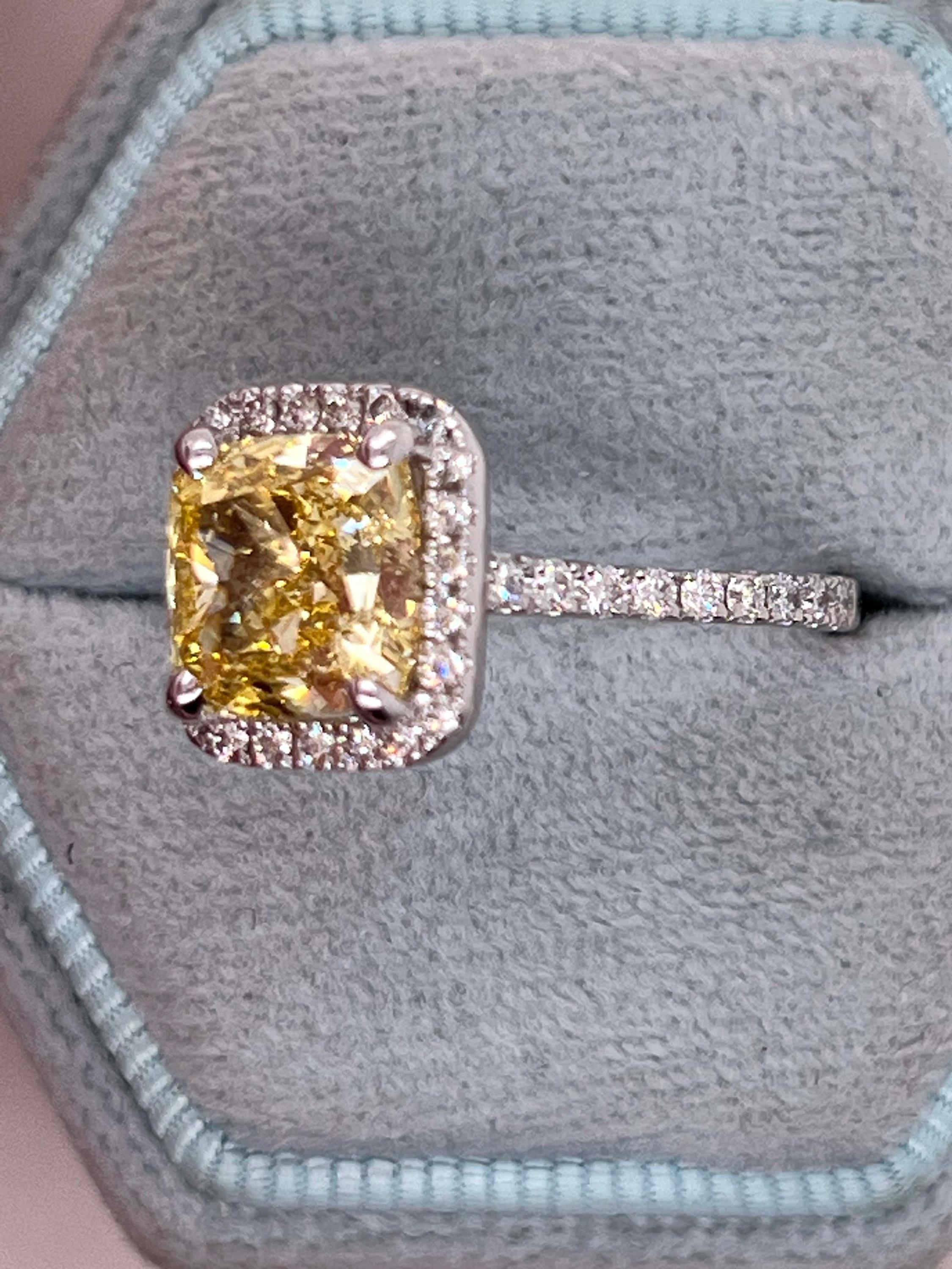 3.5 Carat Fancy Vivid Yellow VVS2 Clarity Square Cushion Cut Diamond Halo Engagement Ring