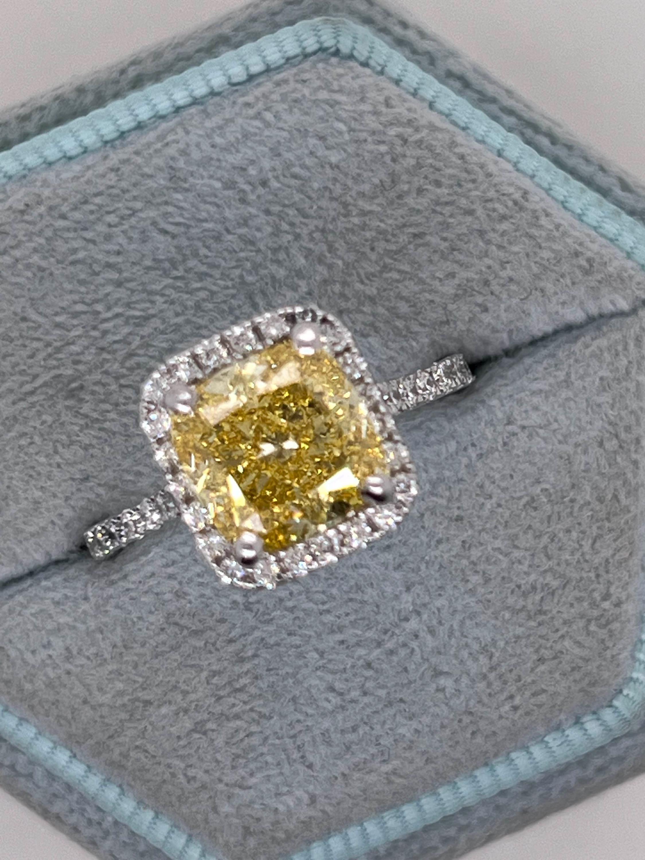 3.5 Carat Fancy Vivid Yellow VVS2 Clarity Square Cushion Cut Diamond Halo Engagement Ring