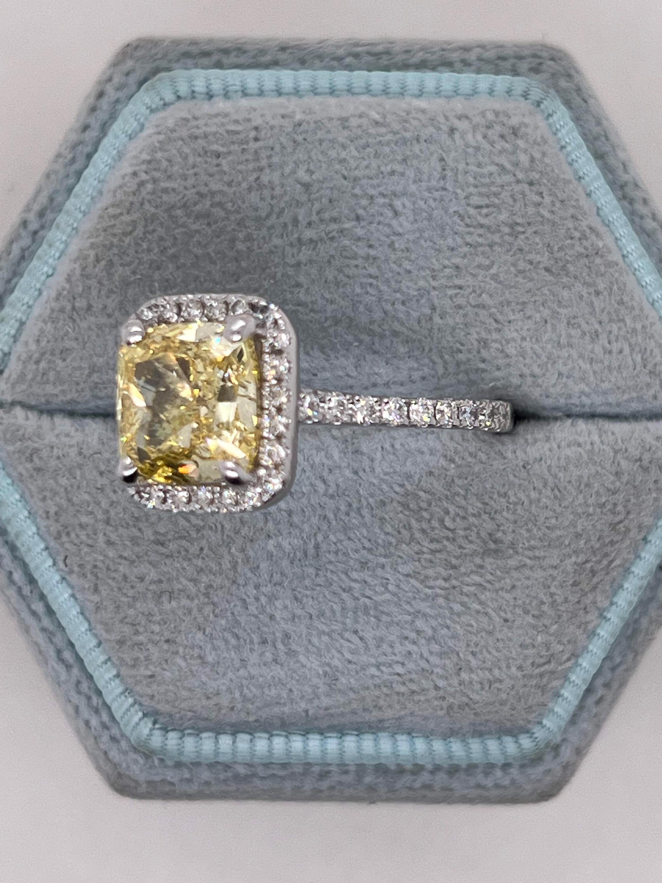 3.5 Carat Fancy Vivid Yellow VVS2 Clarity Square Cushion Cut Diamond Halo Engagement Ring
