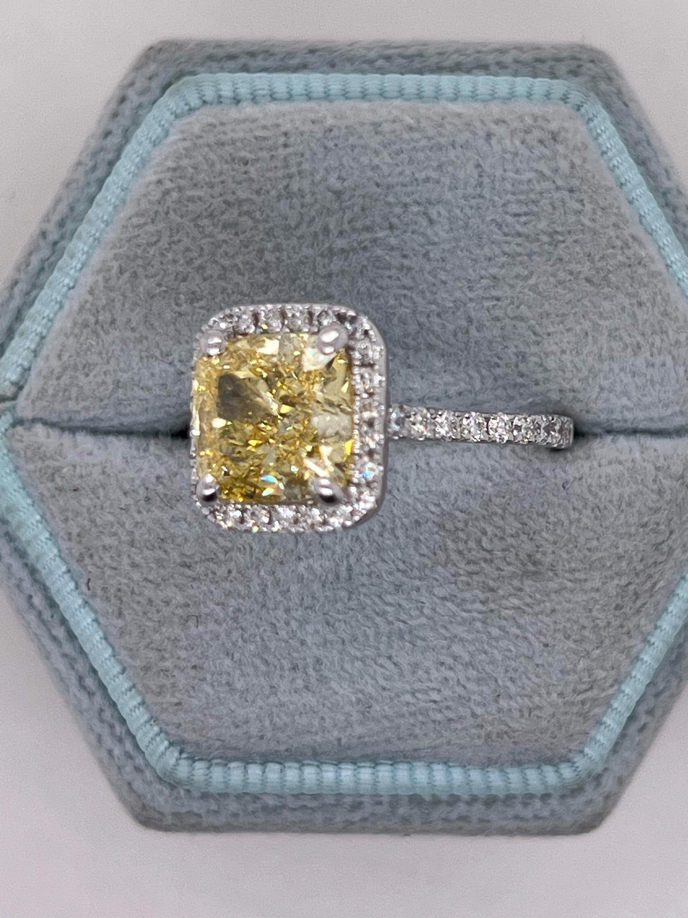 3.5 Carat Fancy Vivid Yellow VVS2 Clarity Square Cushion Cut Diamond Halo Engagement Ring