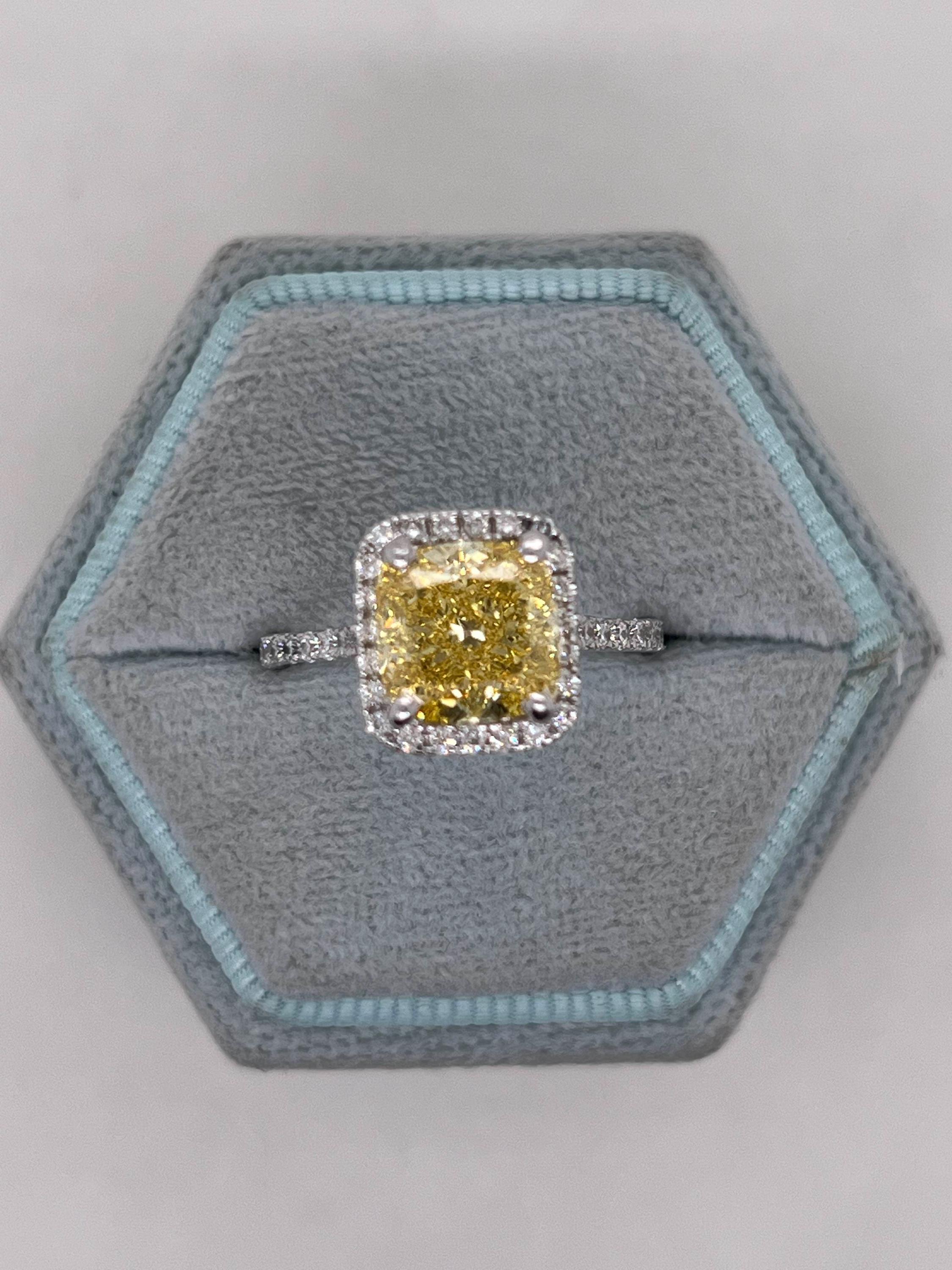 3.5 Carat Fancy Vivid Yellow VVS2 Clarity Square Cushion Cut Diamond Halo Engagement Ring