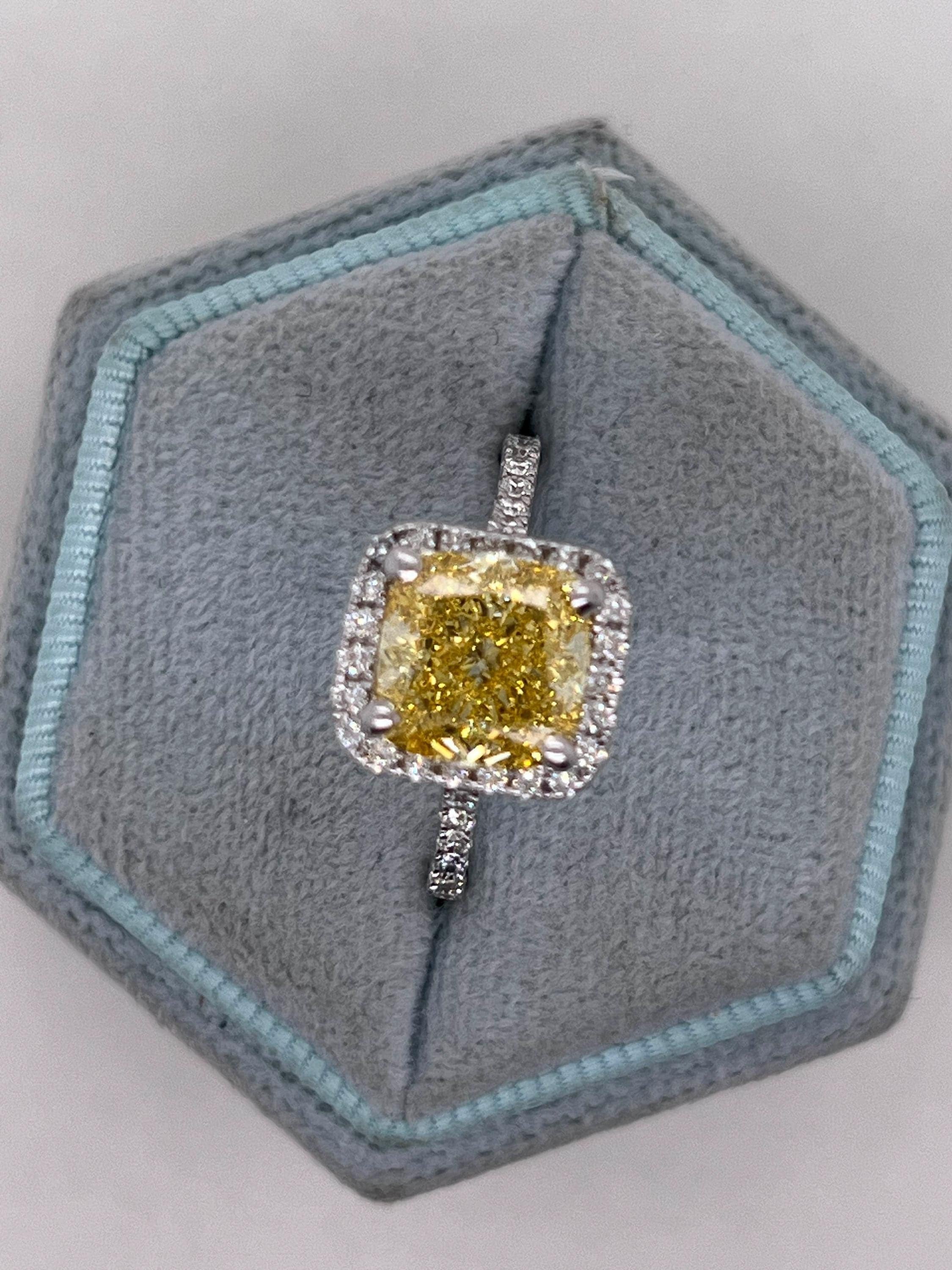 3.5 Carat Fancy Vivid Yellow VVS2 Clarity Square Cushion Cut Diamond Halo Engagement Ring