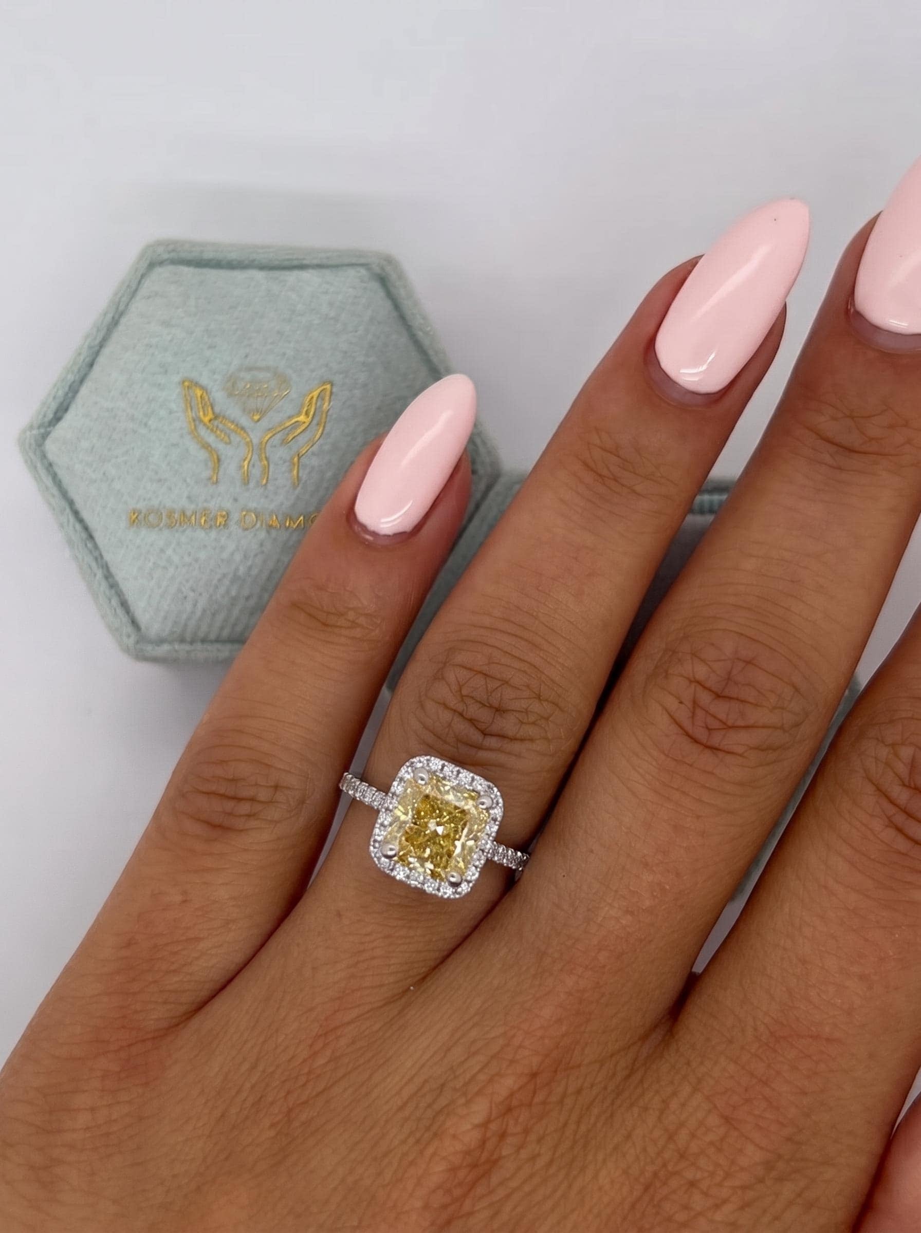 3.5 Carat Fancy Vivid Yellow VVS2 Clarity Square Cushion Cut Diamond Halo Engagement Ring