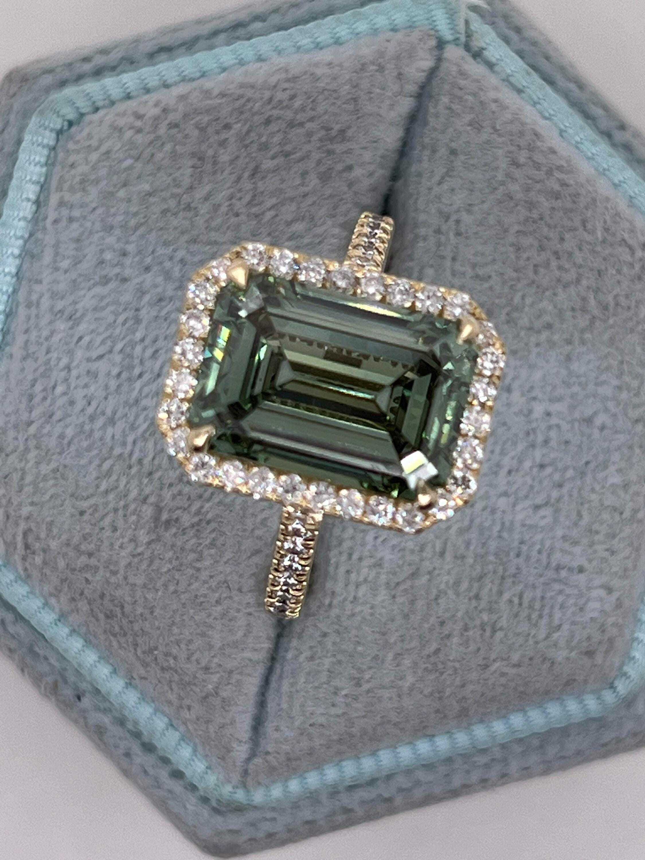 5.75 Carat Fancy Vivid Green Color Emerald Cut Diamond Halo Engagement Ring