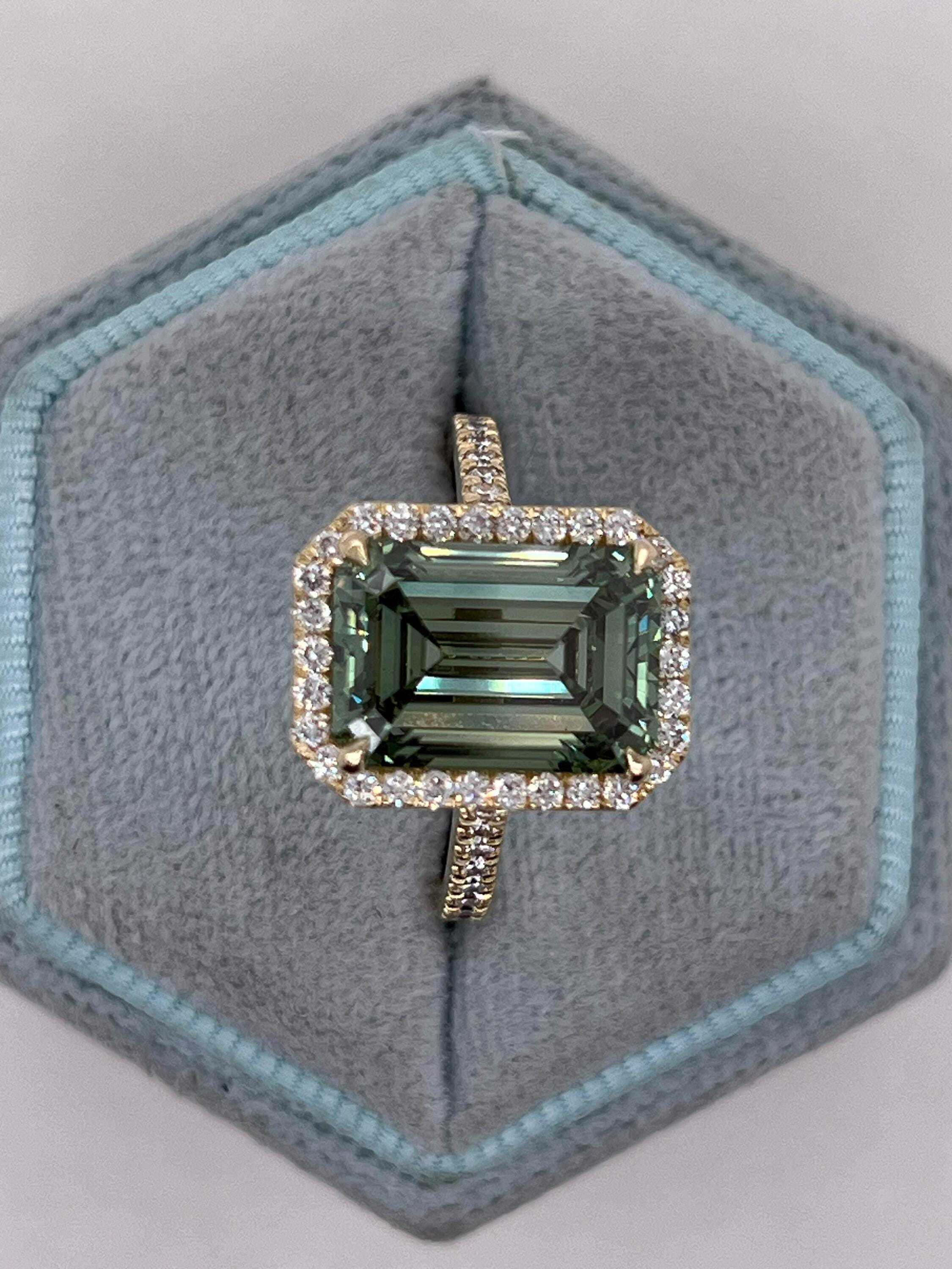 5.75 Carat Fancy Vivid Green Color Emerald Cut Diamond Halo Engagement Ring