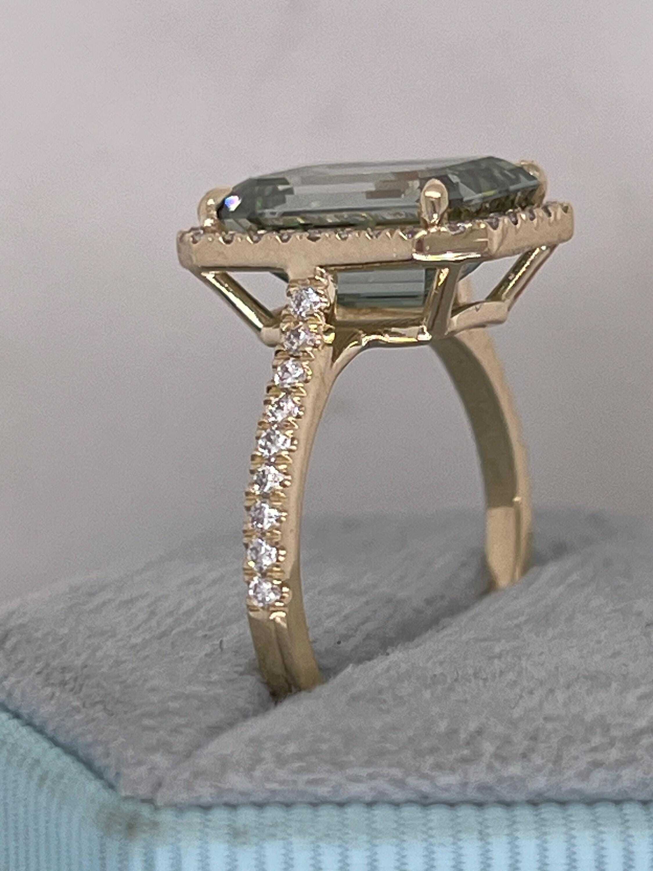 5.75 Carat Fancy Vivid Green Color Emerald Cut Diamond Halo Engagement Ring