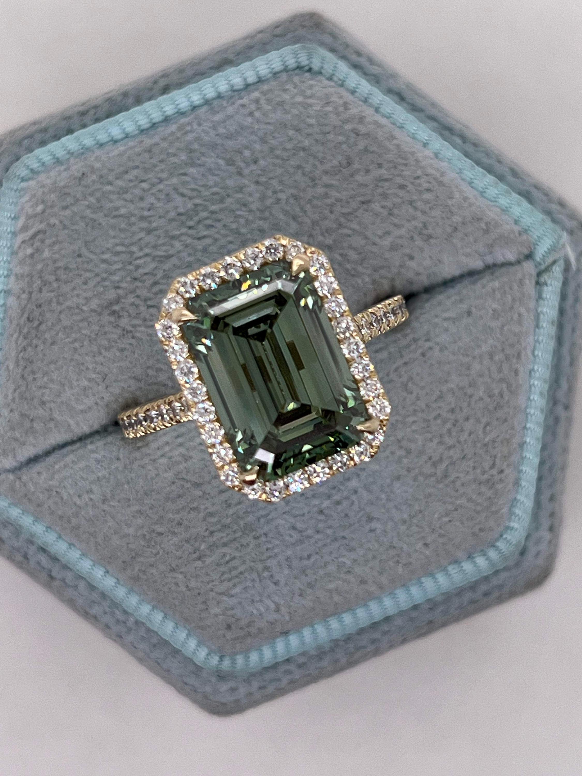 5.75 Carat Fancy Vivid Green Color Emerald Cut Diamond Halo Engagement Ring