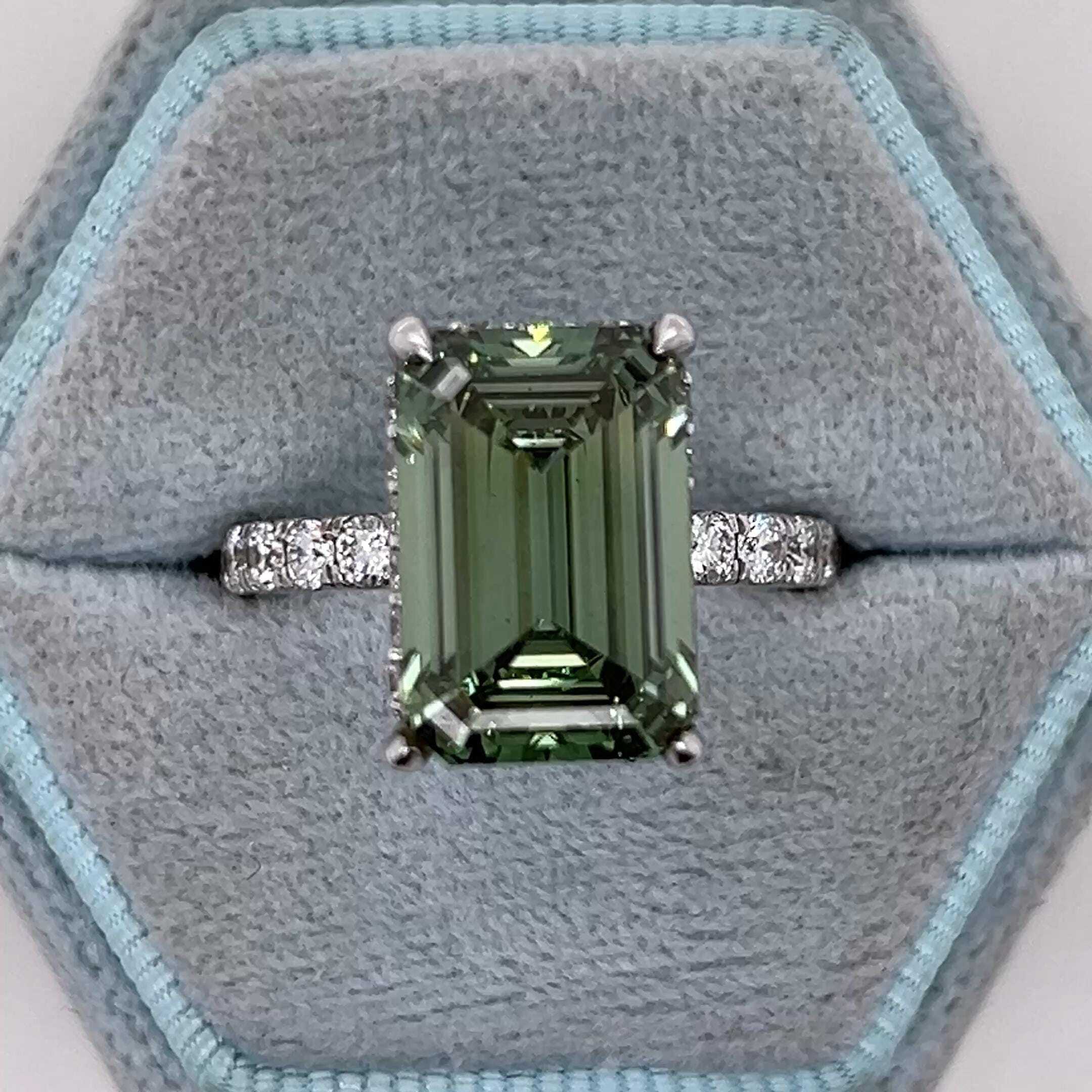 6.5 Carat Fancy Vivid Green Color Emerald Cut Diamond Halo Engagement Ring
