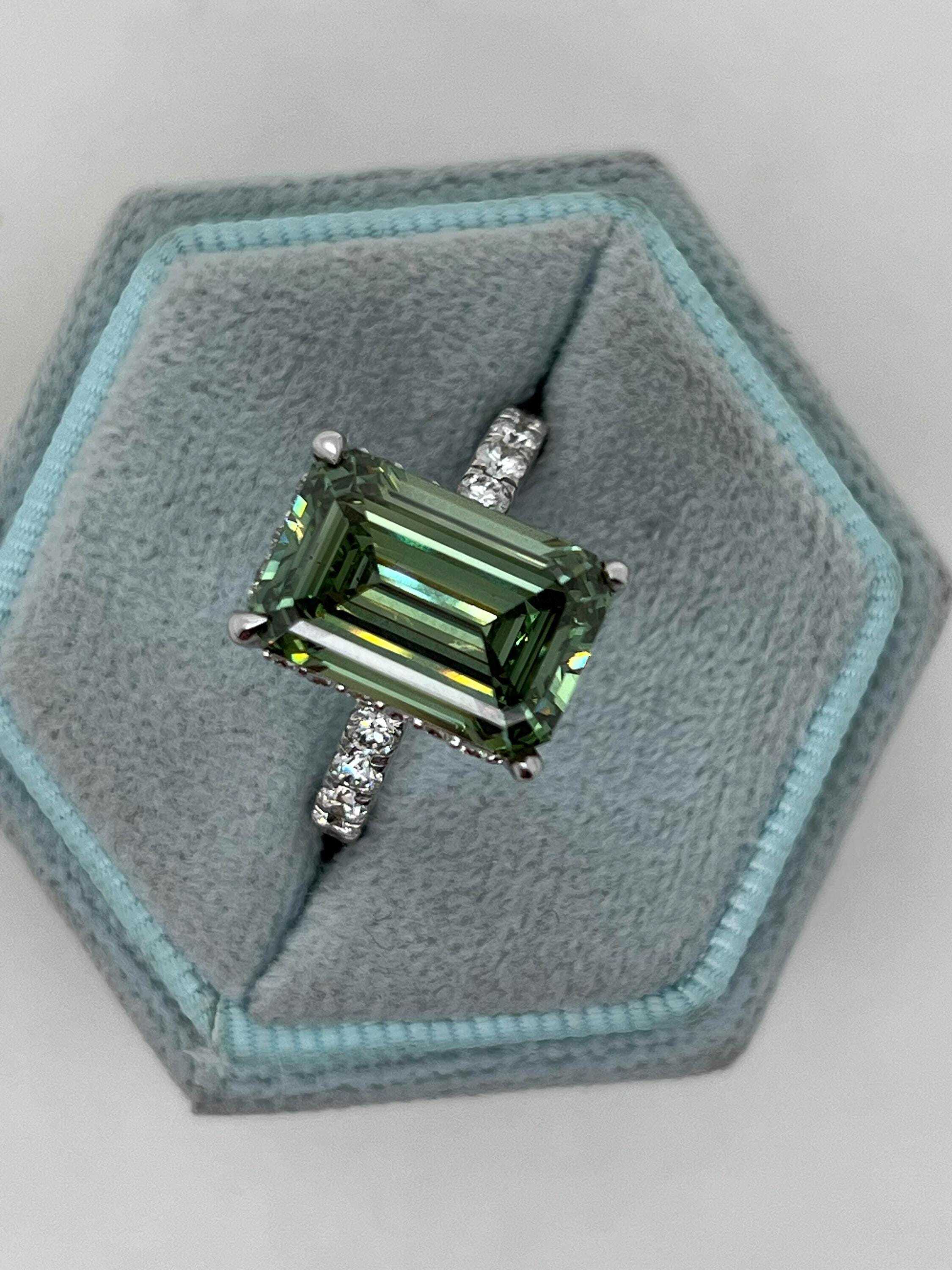 6.5 Carat Fancy Vivid Green Color Emerald Cut Diamond Halo Engagement Ring