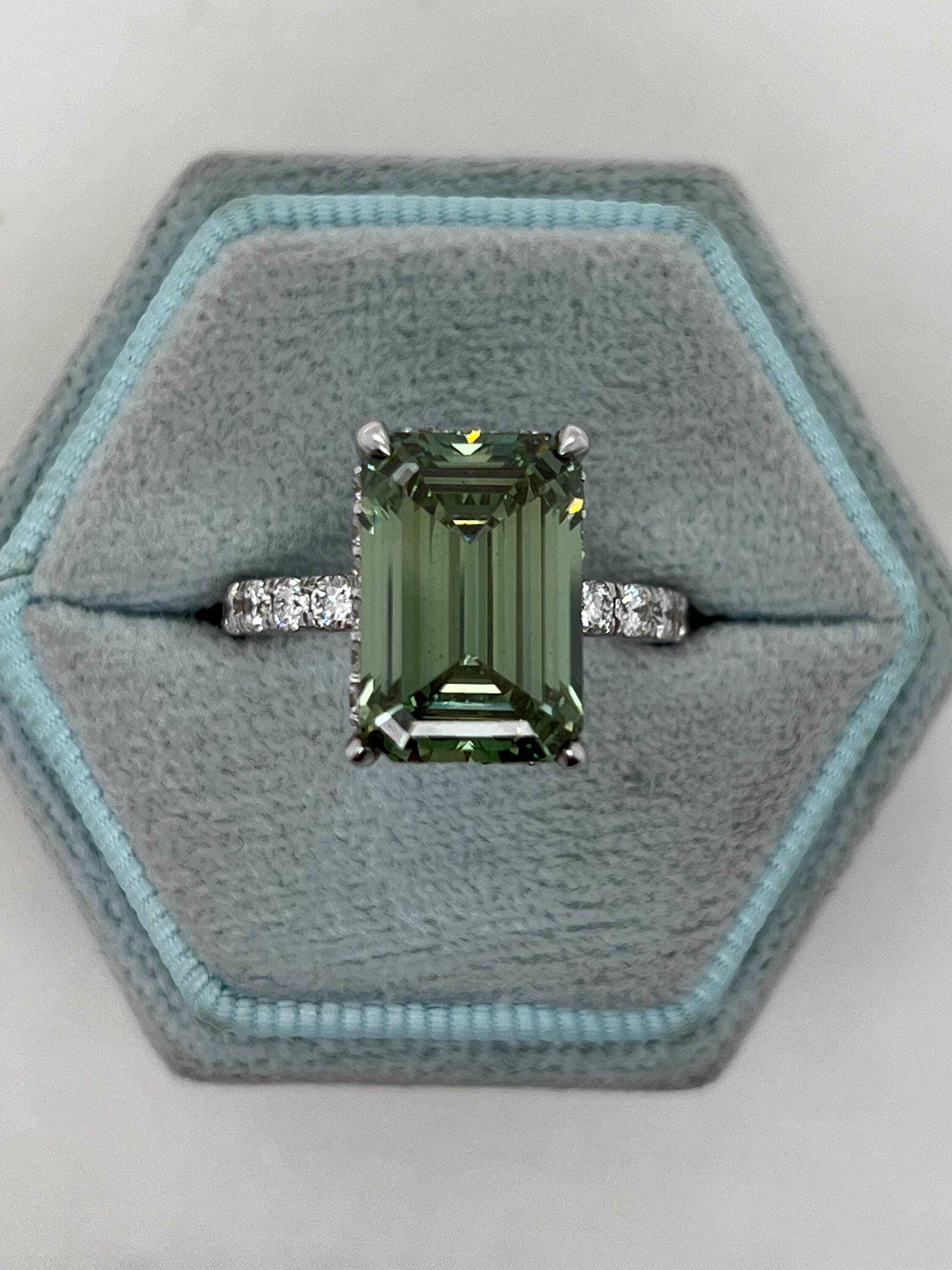 6.5 Carat Fancy Vivid Green Color Emerald Cut Diamond Halo Engagement Ring