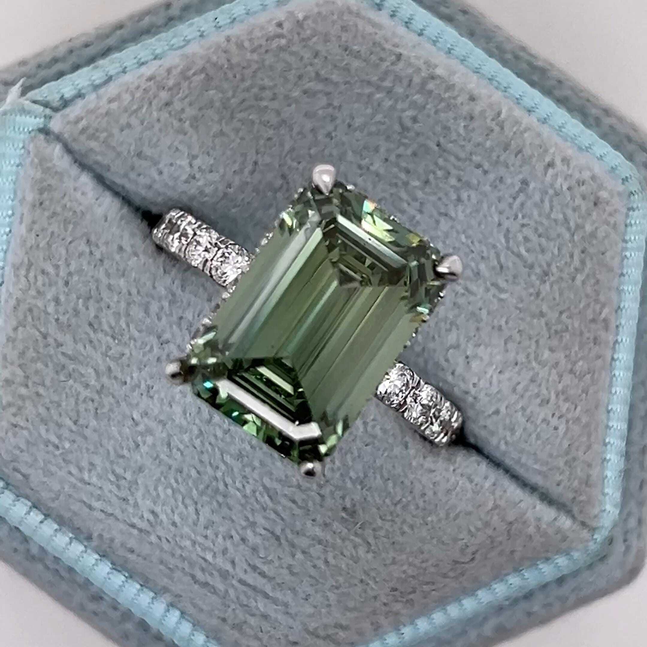 6.5 Carat Fancy Vivid Green Color Emerald Cut Diamond Halo Engagement Ring