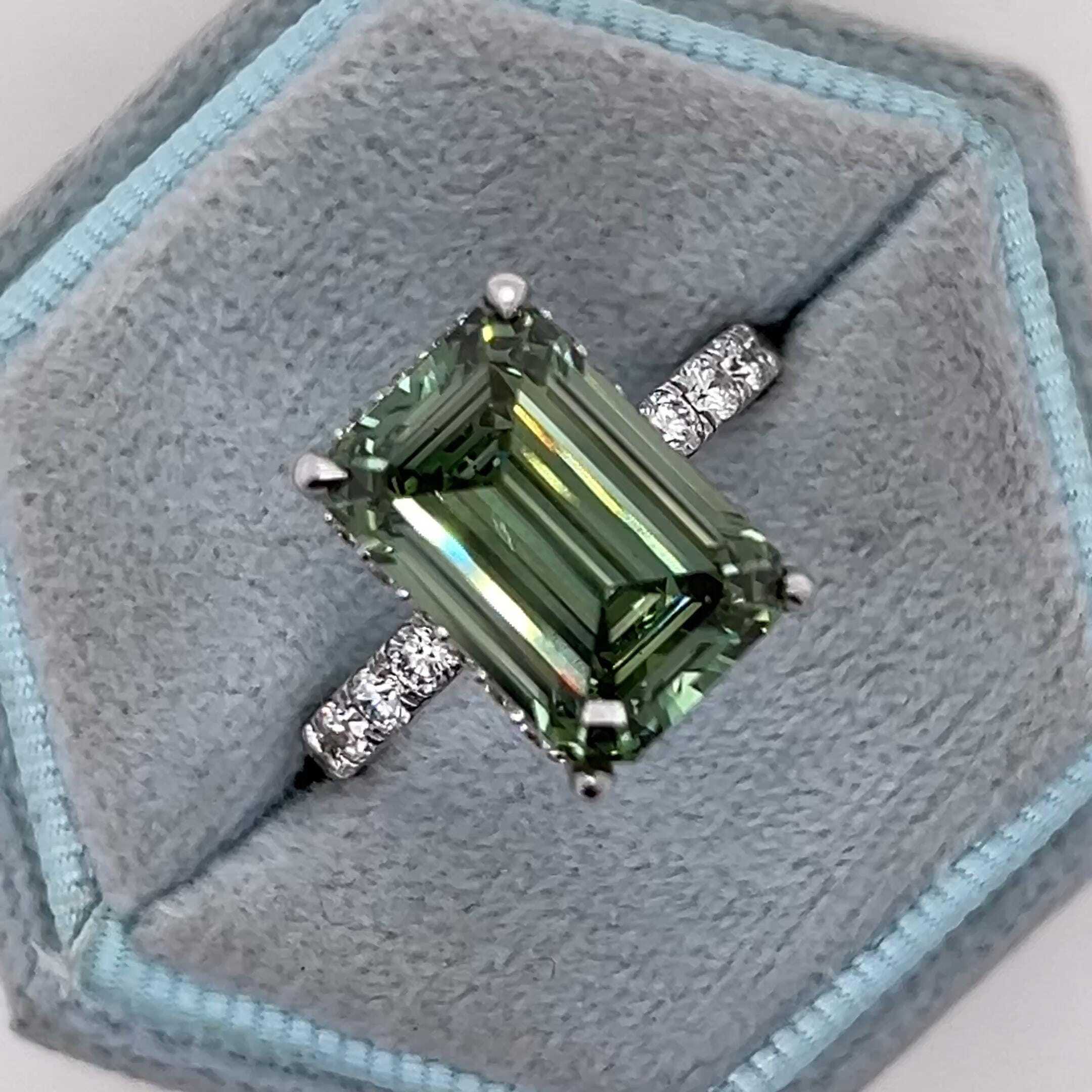 6.5 Carat Fancy Vivid Green Color Emerald Cut Diamond Halo Engagement Ring