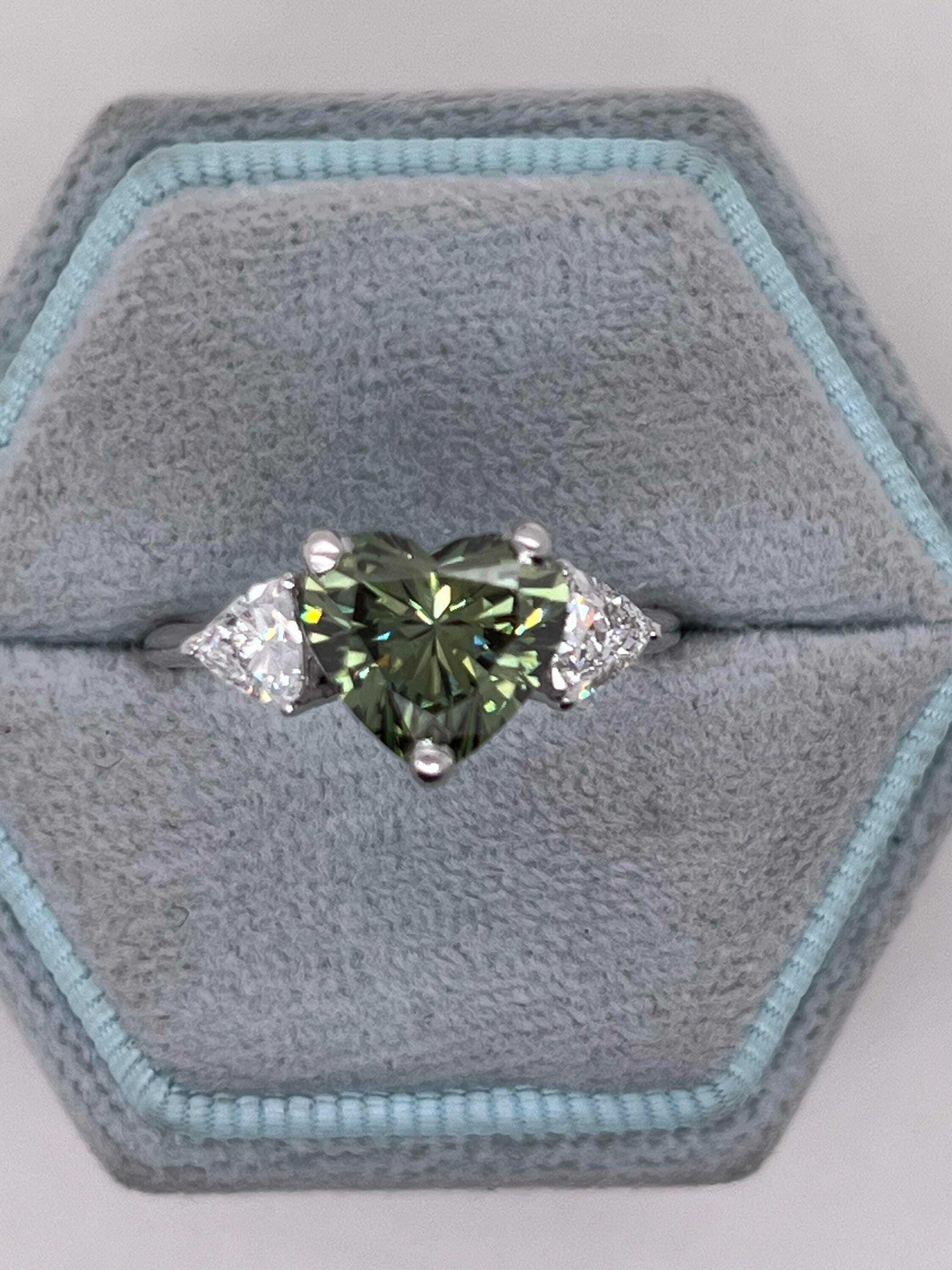 2.75 Carat Fancy Vivid Green Heart Cut Diamond Three Stone Engagement Ring Side Trillions