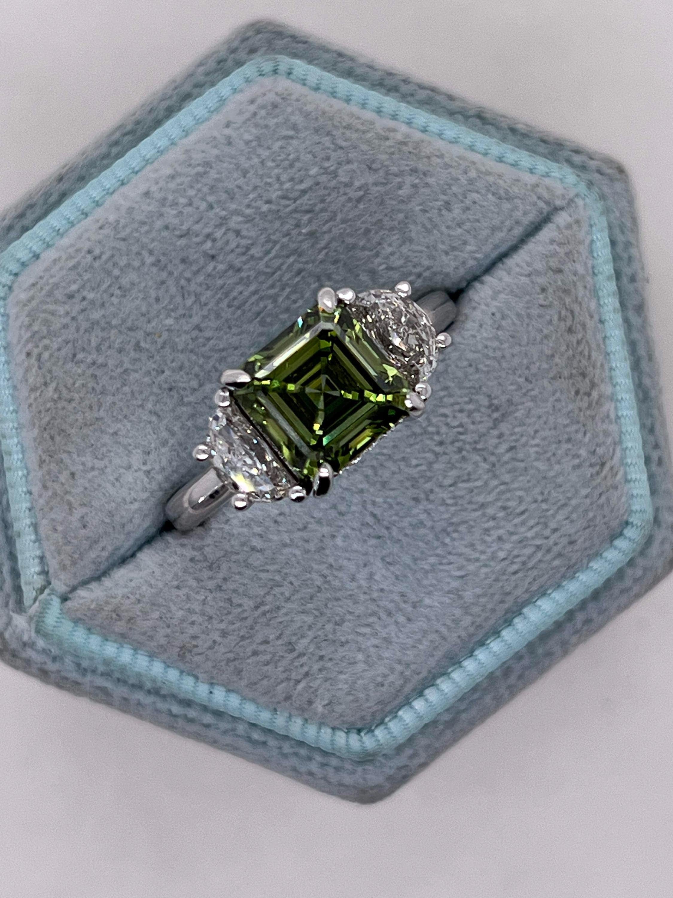 3.25 Carat Vivid Green Color Asscher Cut Diamond Hidden Halo Three Stone Engagement Ring