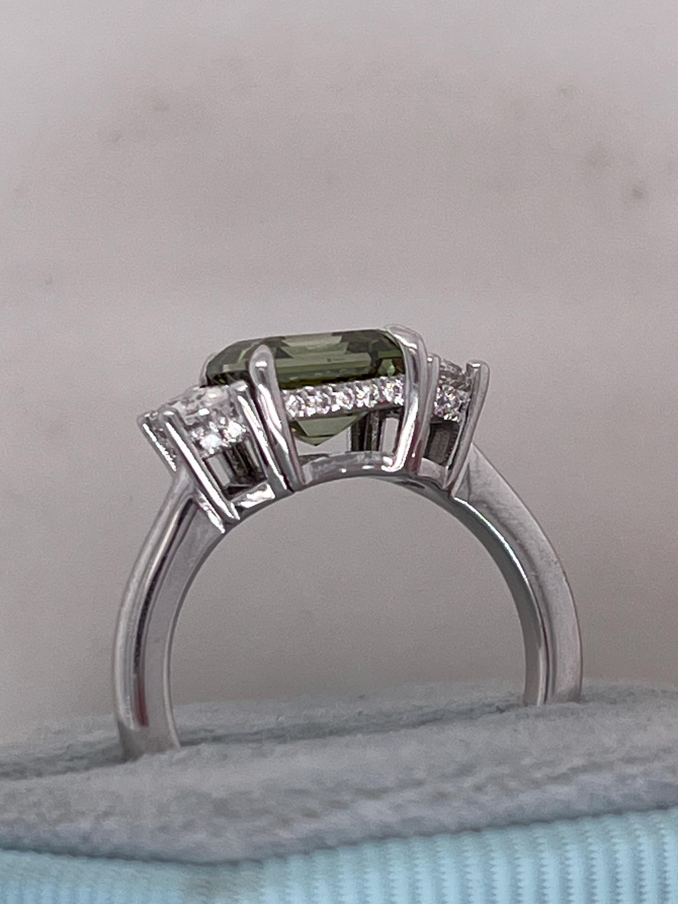 3.25 Carat Vivid Green Color Asscher Cut Diamond Hidden Halo Three Stone Engagement Ring