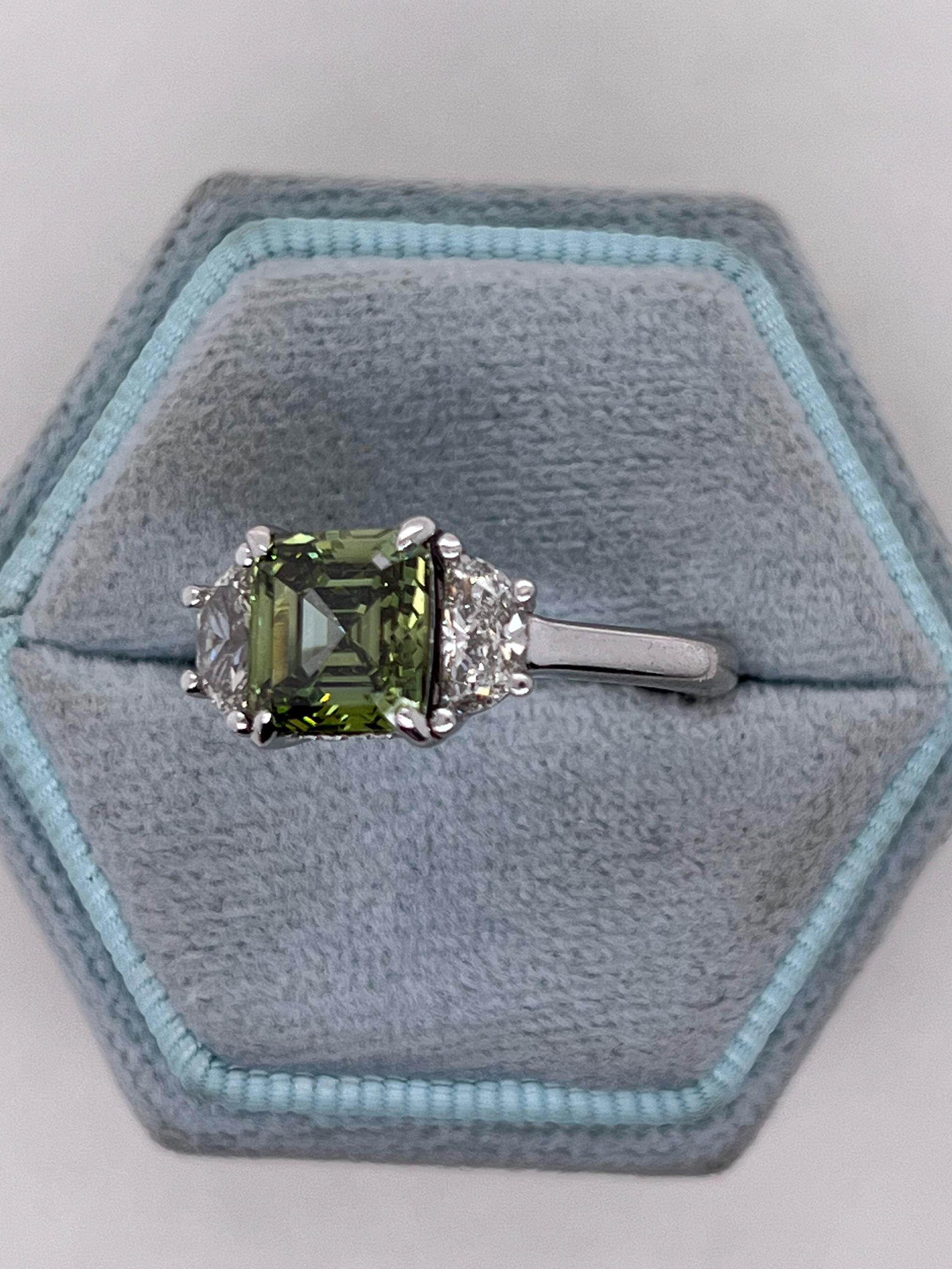 3.25 Carat Vivid Green Color Asscher Cut Diamond Hidden Halo Three Stone Engagement Ring
