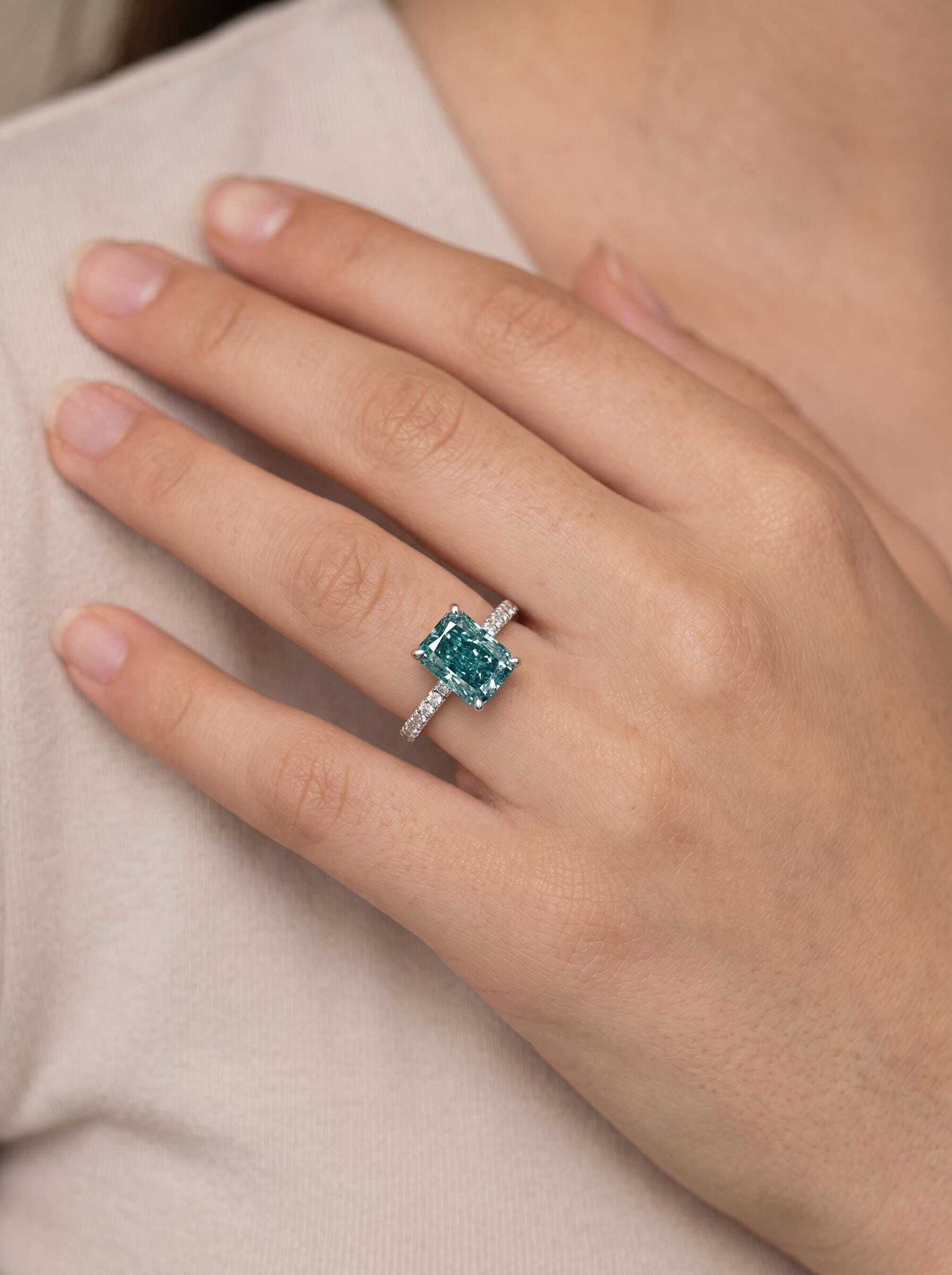 3.25 Carat Total Fancy Vivid Green Color Radiant Cut Diamond Engagement Ring